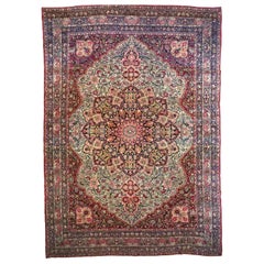 Antique Persian Lavar Kerman Carpet, in Room Size, with Medallion on Ivory Field