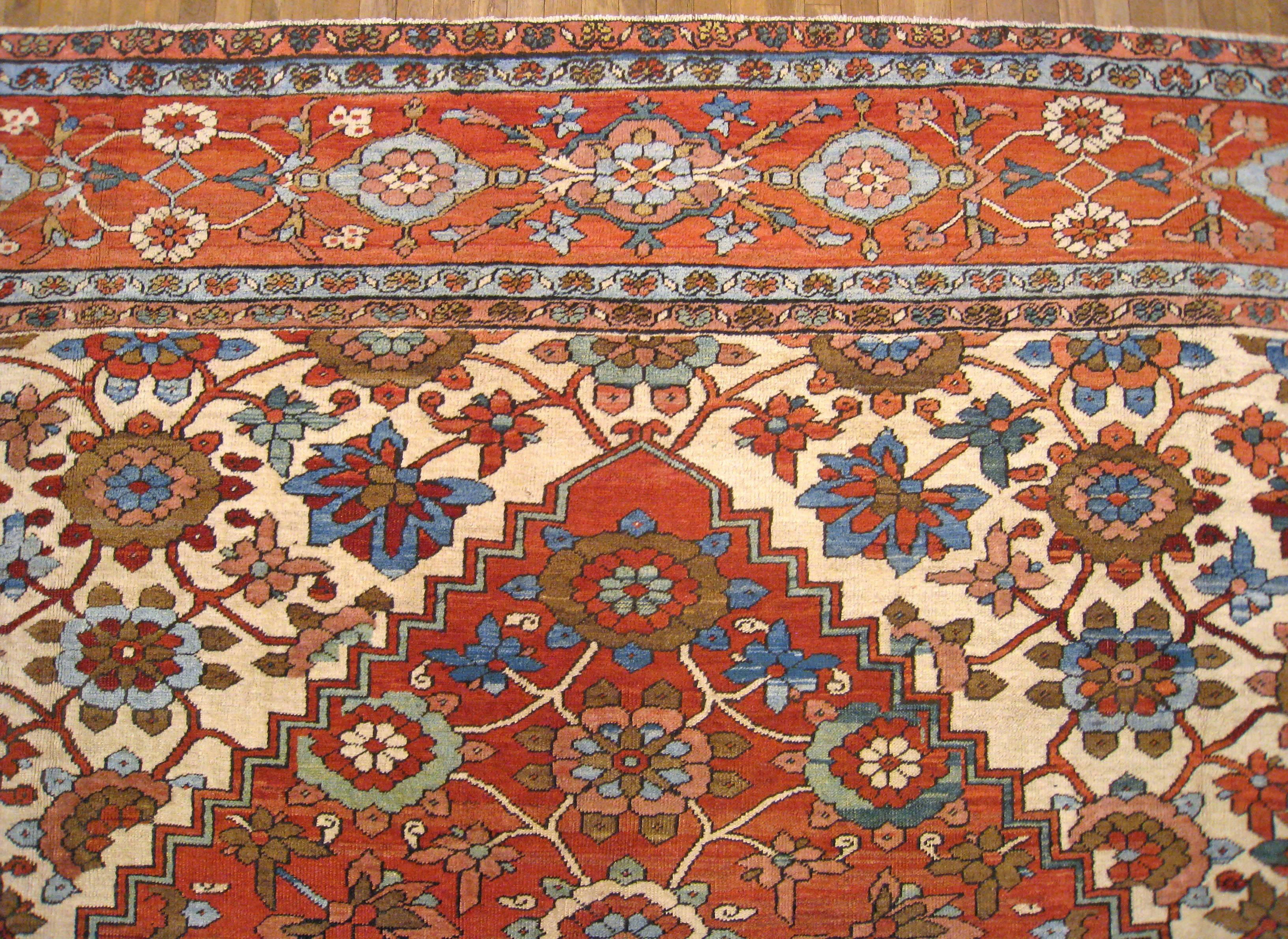 Hand-Knotted Antique Persian Serapi Oriental Rug, Mansion Size, Soft Blue Center, circa 1880 For Sale