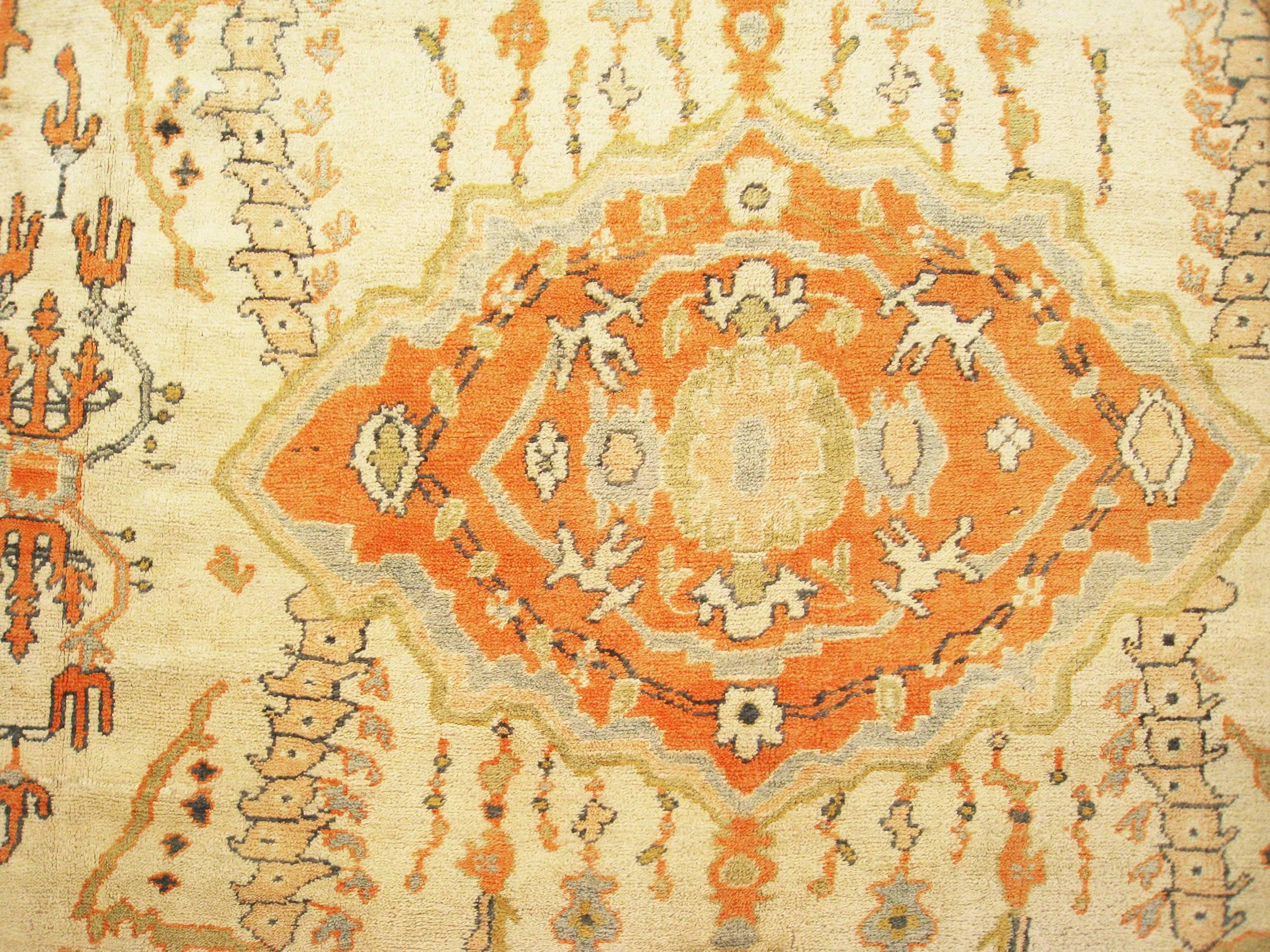 Wool Antique Turkish Oushak Oriental Carpet, Mansion Size, w/ Medallion & Soft Colors For Sale