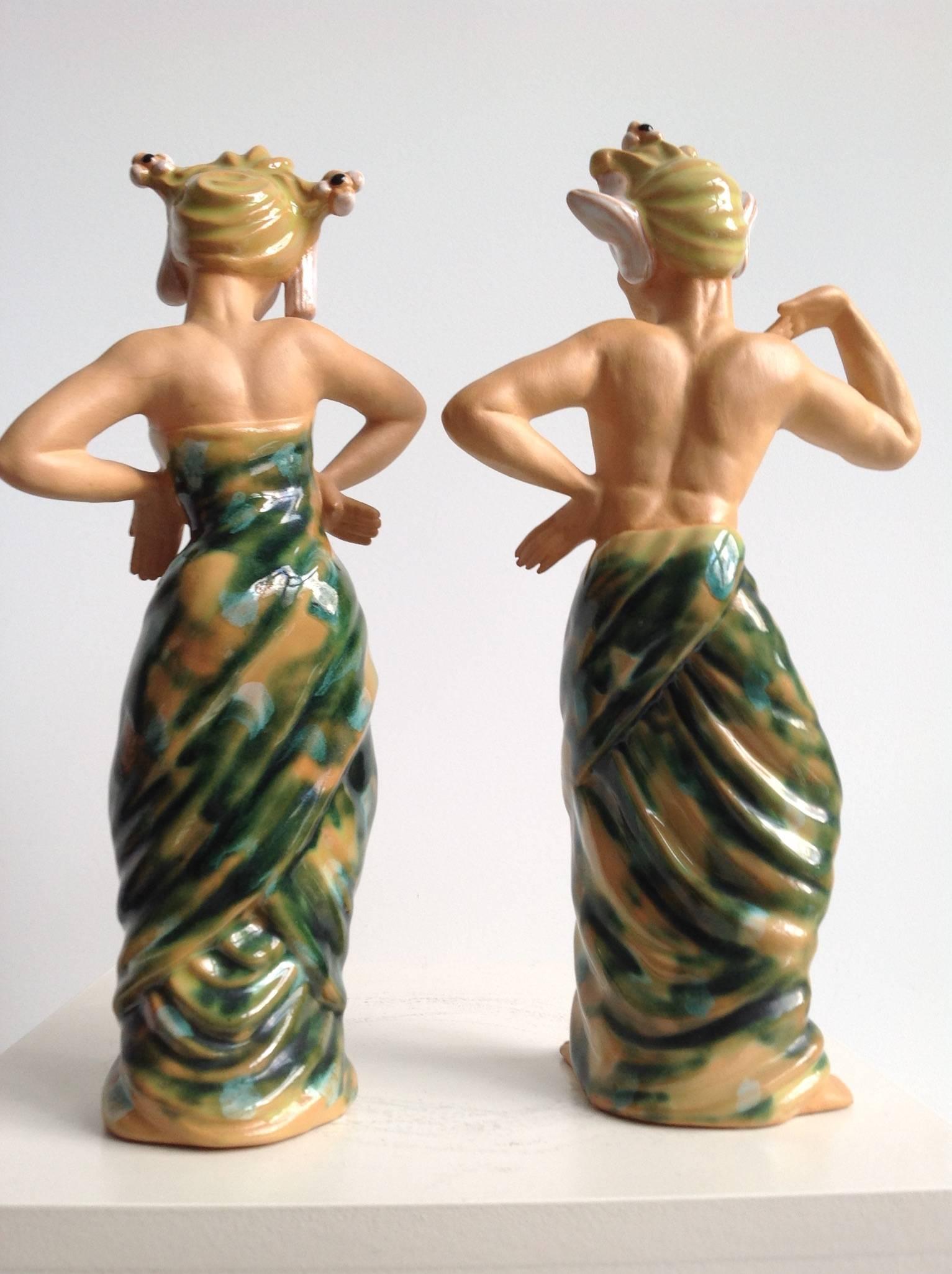 Art Deco Balinese Dance Couple, Polychrome Pottery, American, 1950s For Sale