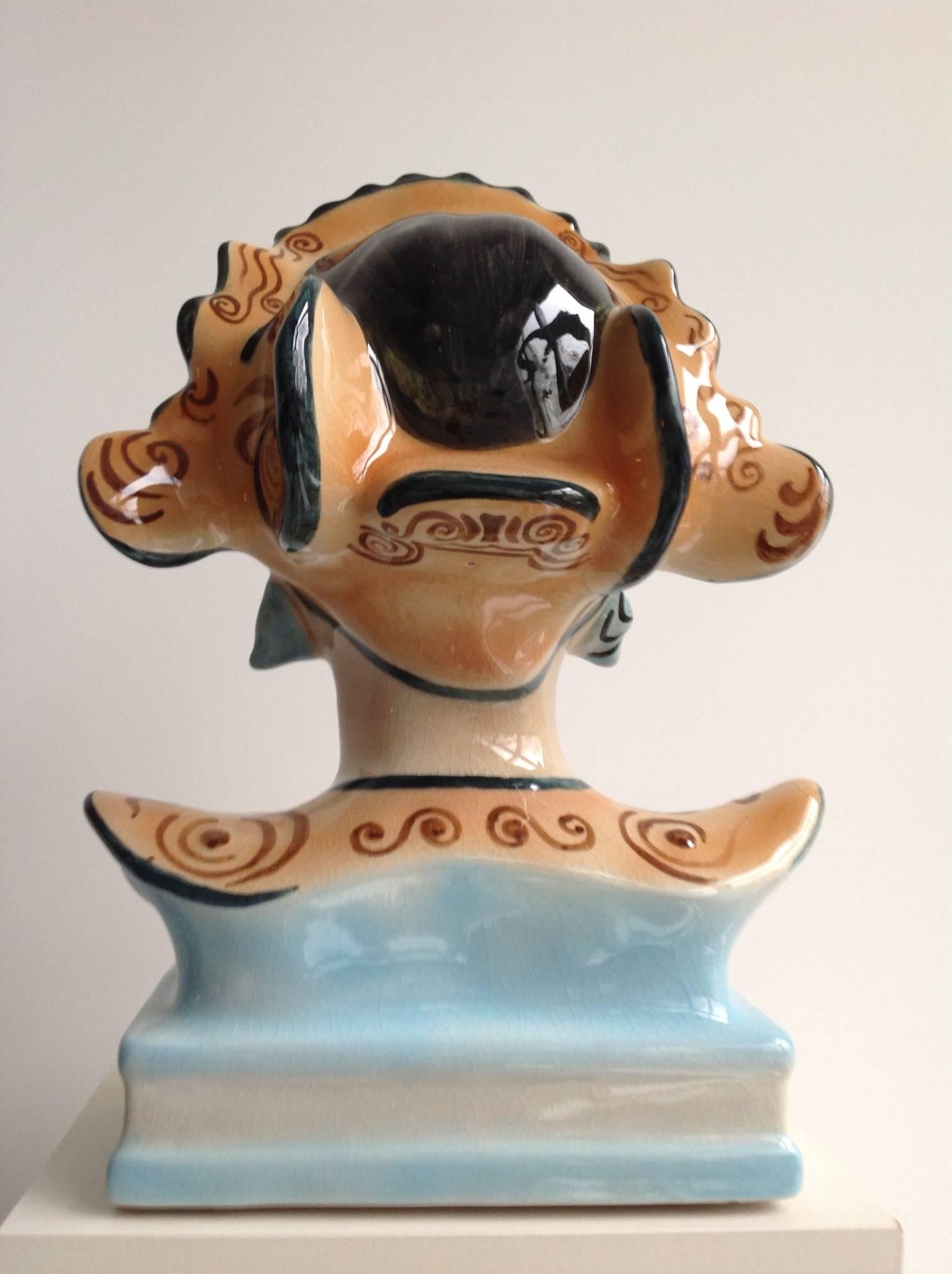 Art Deco Goldscheider Polychrome Pottery Bust of a Balinese Dancer by Helen Liedloff For Sale