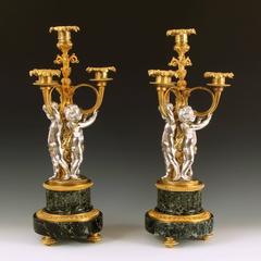 Rare Pair Louis XV Style Silvered Bronze Gilt Bronze and Marble Candelabra