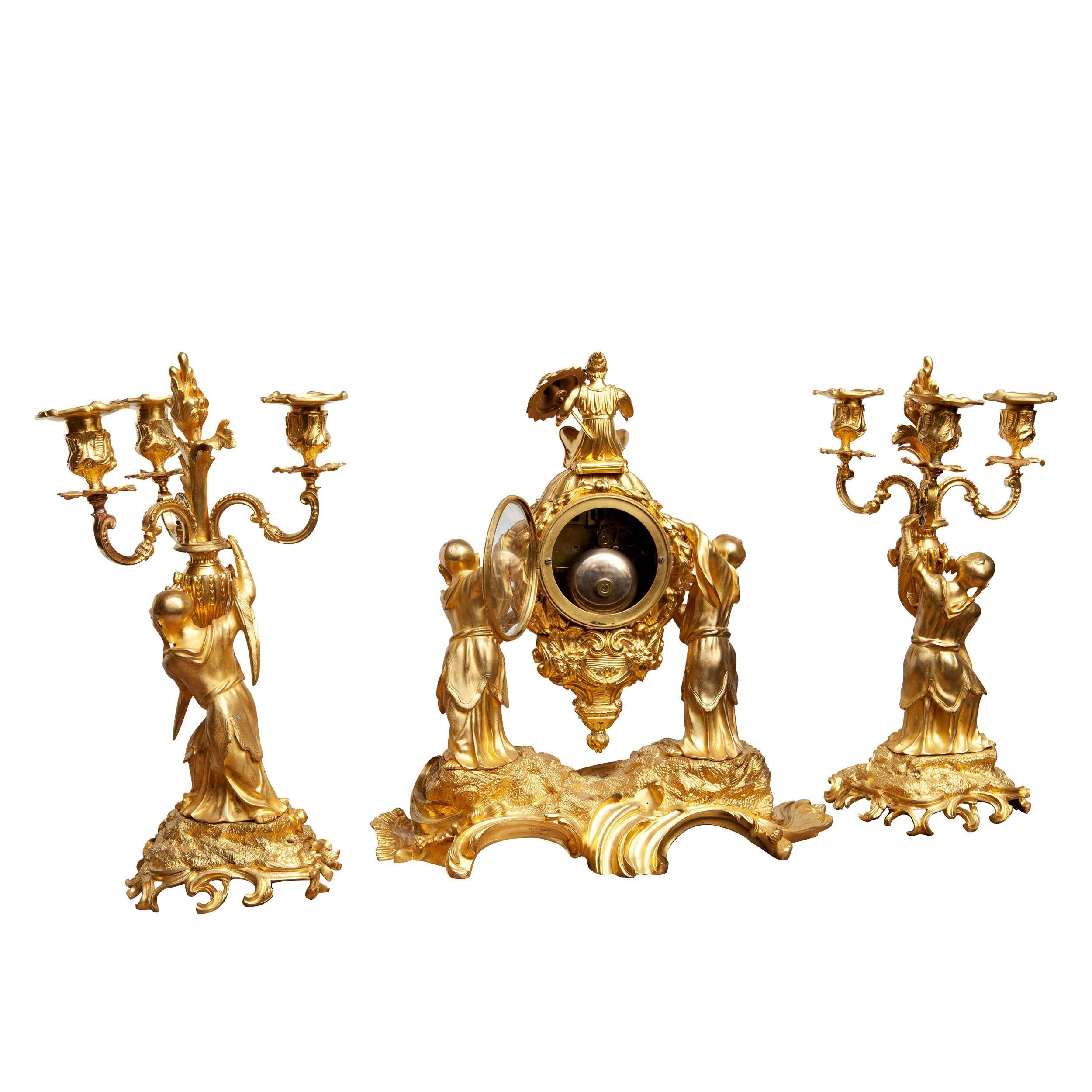 Chinoiserie Clock Garniture by Charles Du Tertre, Paris In Excellent Condition In London, by appointment only
