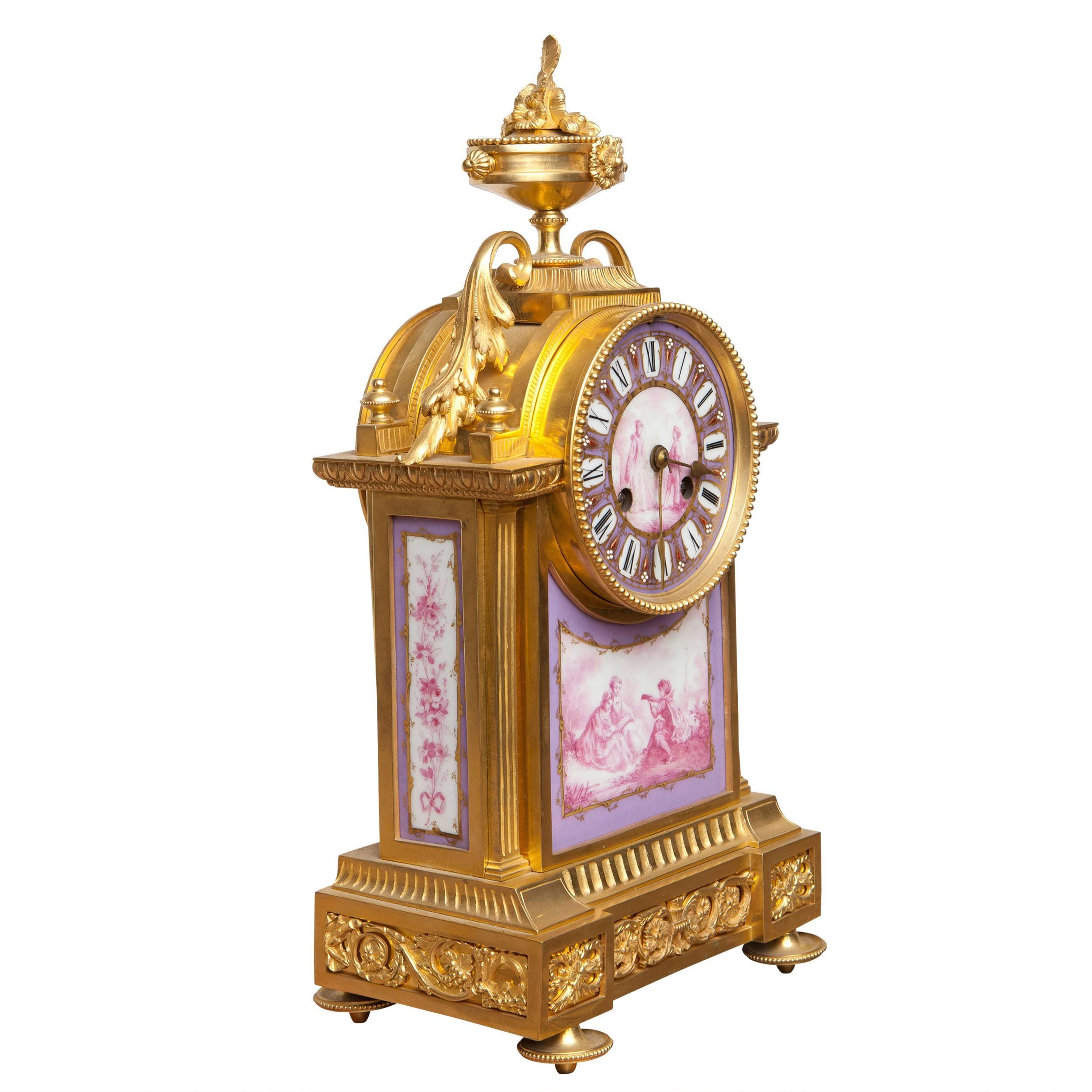 France, circa 1880.

The ormolu case mounted with fine painted porcelain scenes of a courting couple. This unusual mauve color pallet emphasizes the quality and cleanliness of the clock.

Strikes every half hour and hour. 

Measures: Height