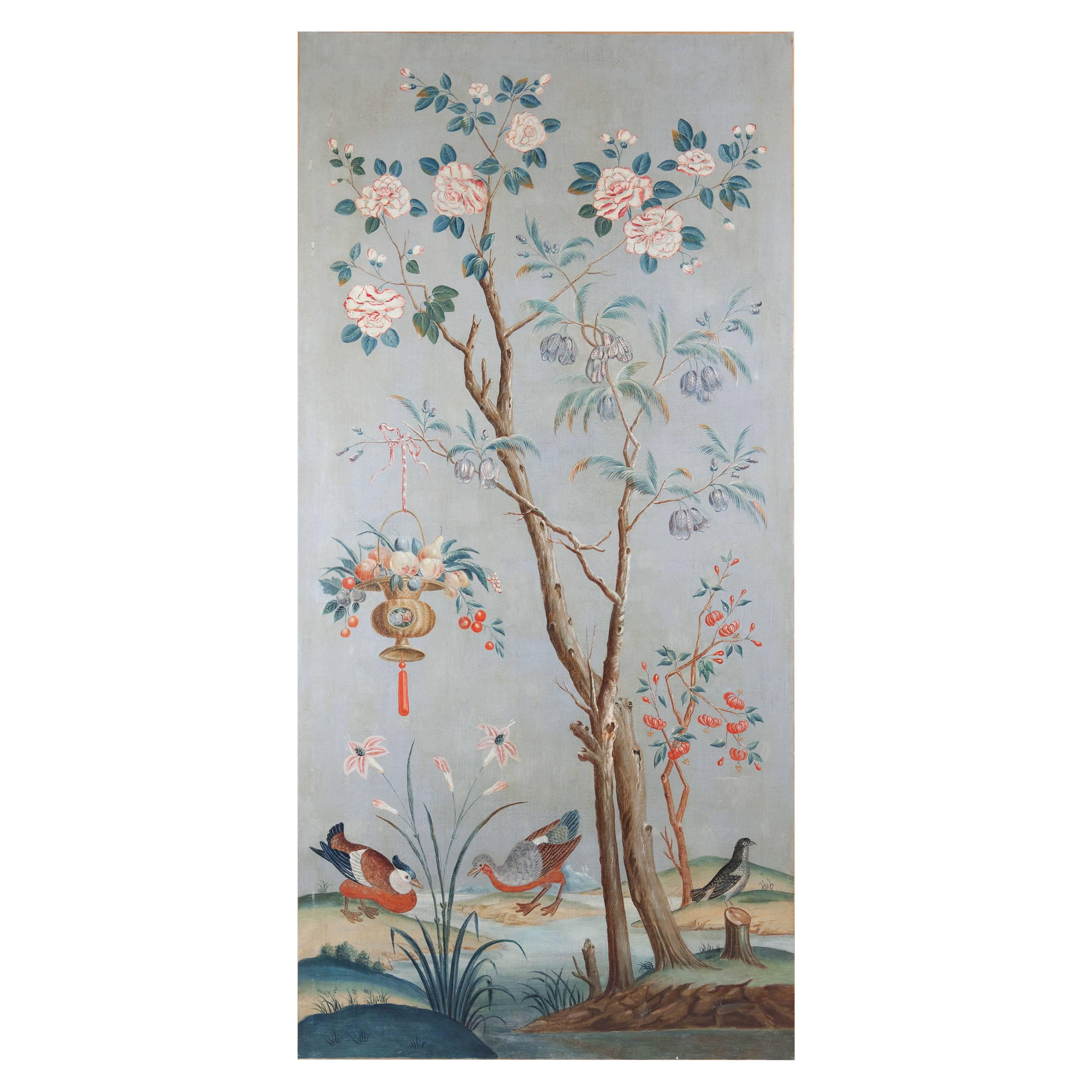 A magnificent and rare set of four large-scale chinoiserie painted panels, each painted with birds among landscape scenes and ornamental decorations. 

Each panel Measures: Height 220cm. / 86.6in
Width 108cm. / 42.5in 