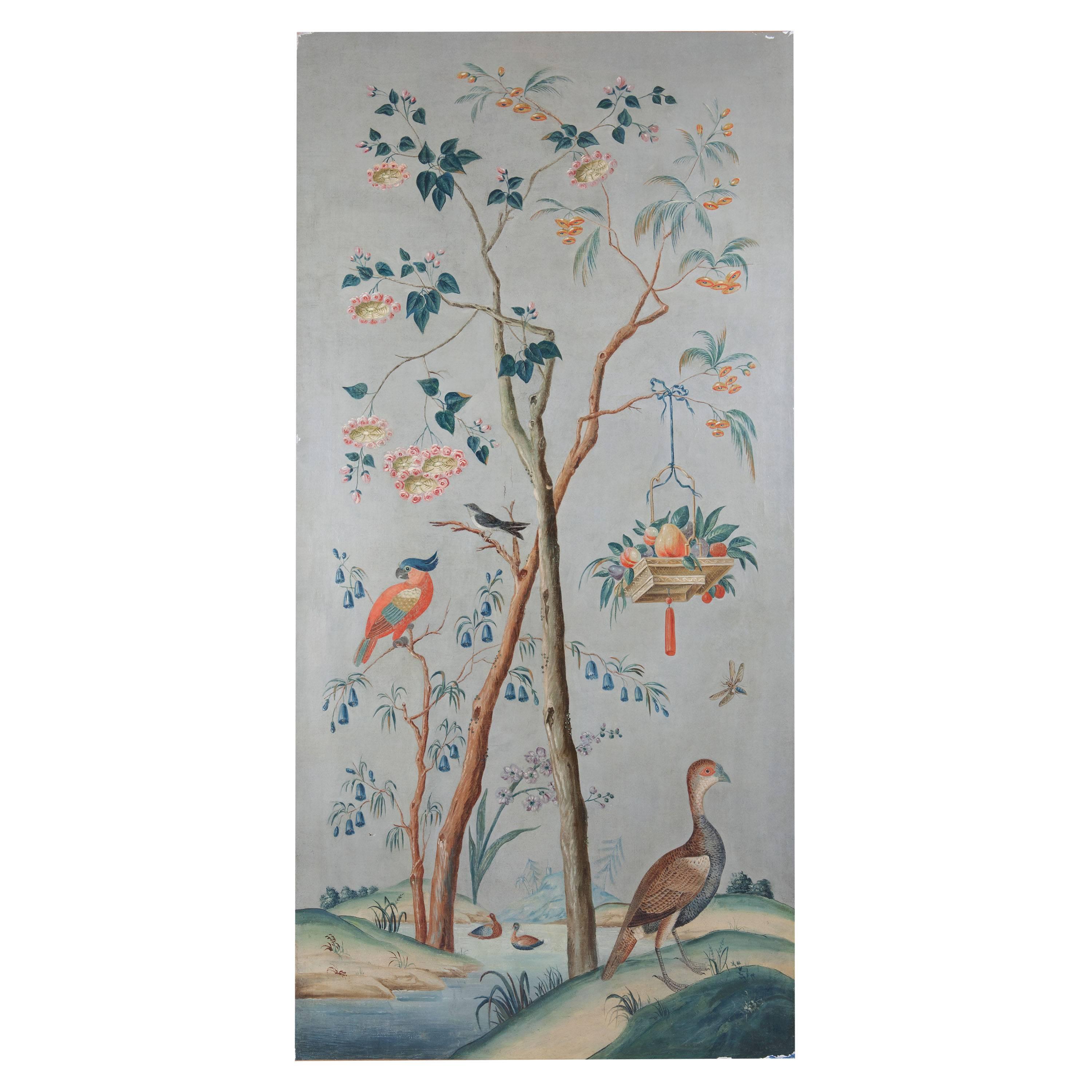 English Four Large-Scale Decorative Chinoiserie Oil on Canvas Panels