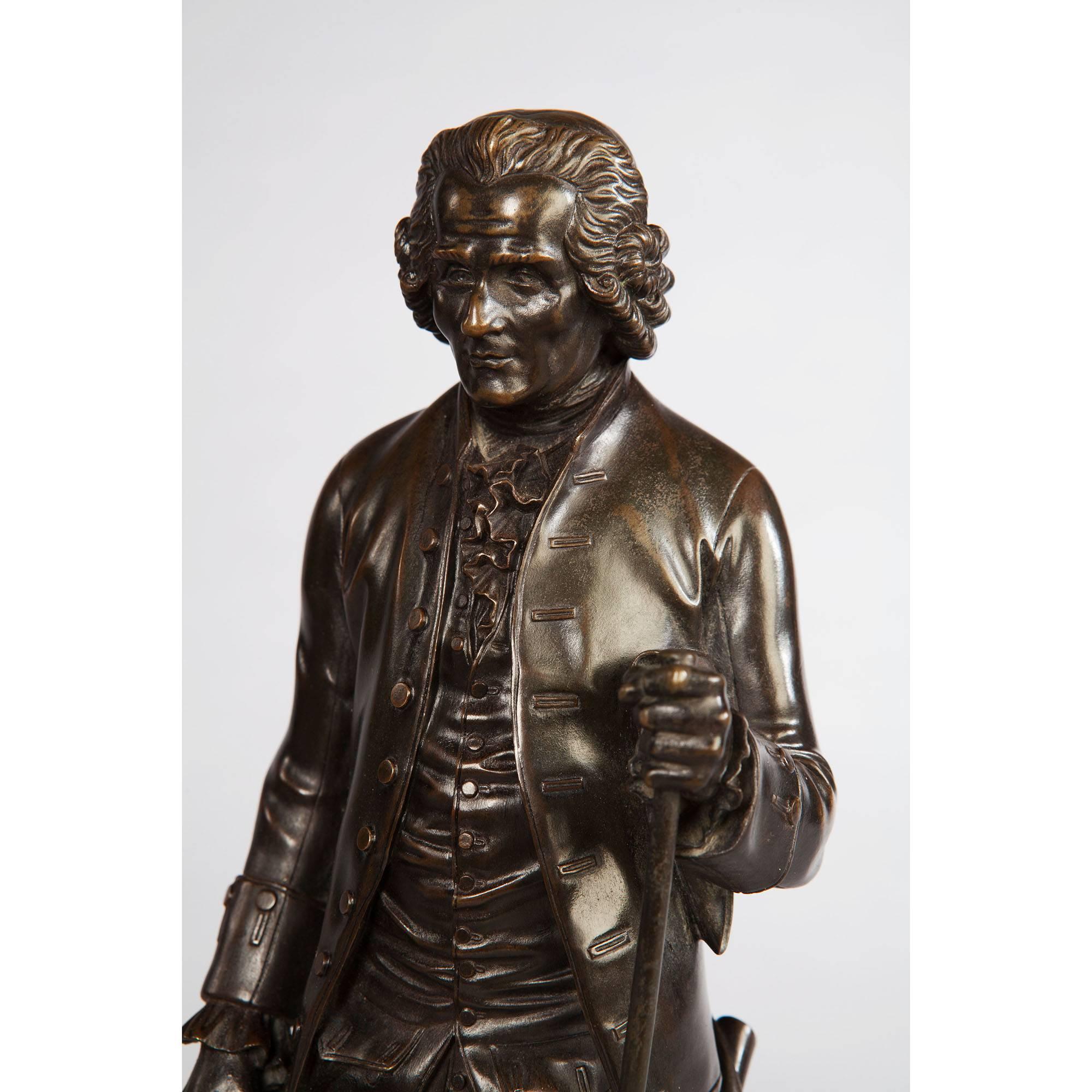 Bronzes figures of Voltaire and Rousseau.

A pair of bronze figures of Voltaire and Rousseau each standing on Sienna marble and bronze bases,

France, circa 1860.

Measures: Height 17