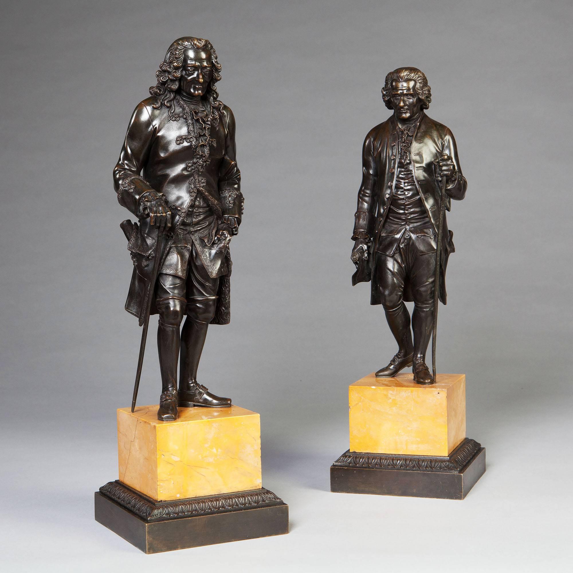 Louis Philippe Pair of Bronze Sculptures of Voltaire and Rousseau