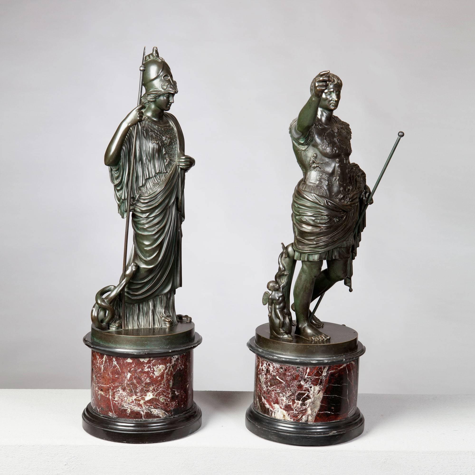 Classical Roman Pair of Bronze Statues of Minerva and Augustus, Attributed to B Boschetti