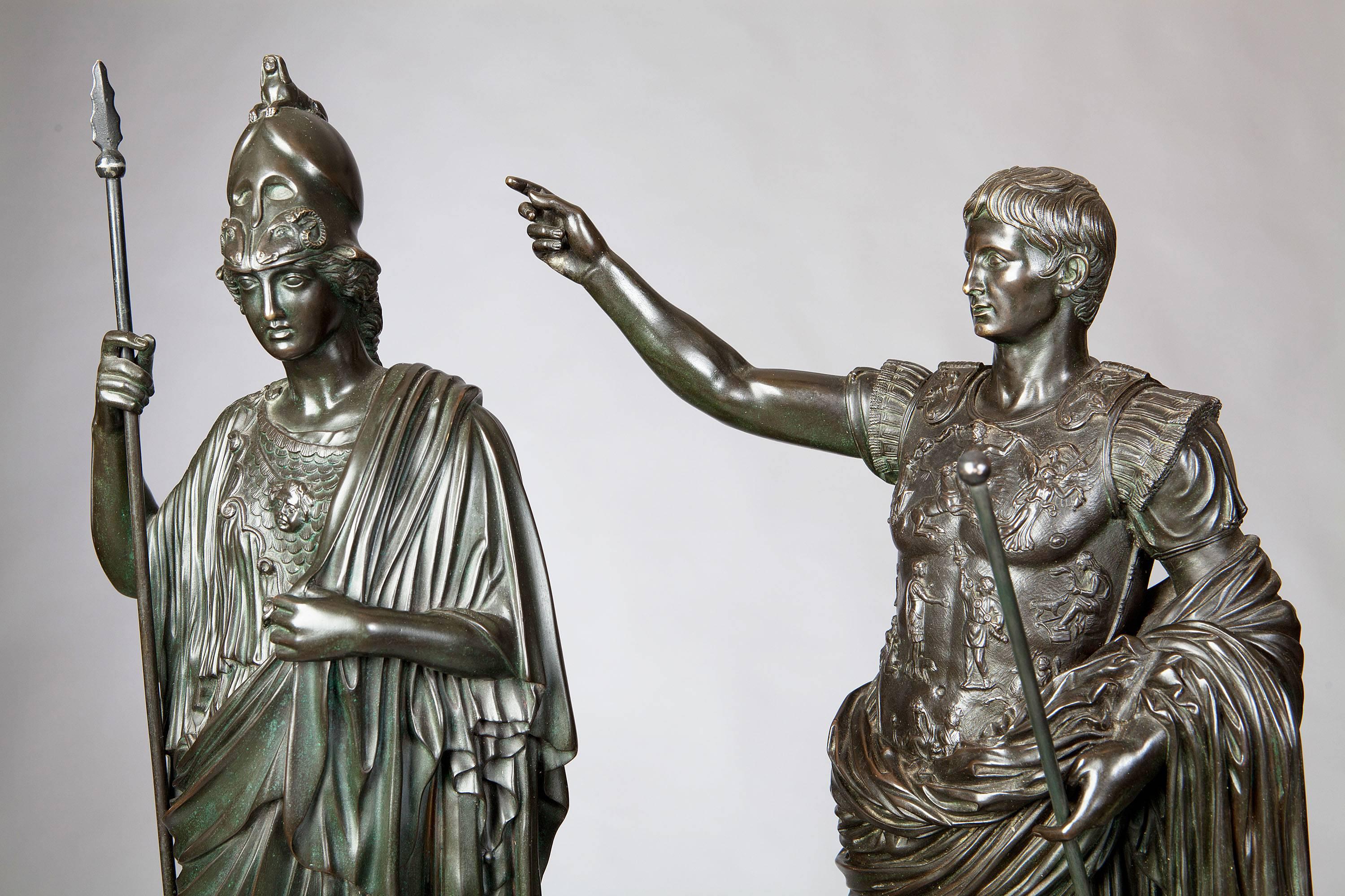 Italian Pair of Bronze Statues of Minerva and Augustus, Attributed to B Boschetti