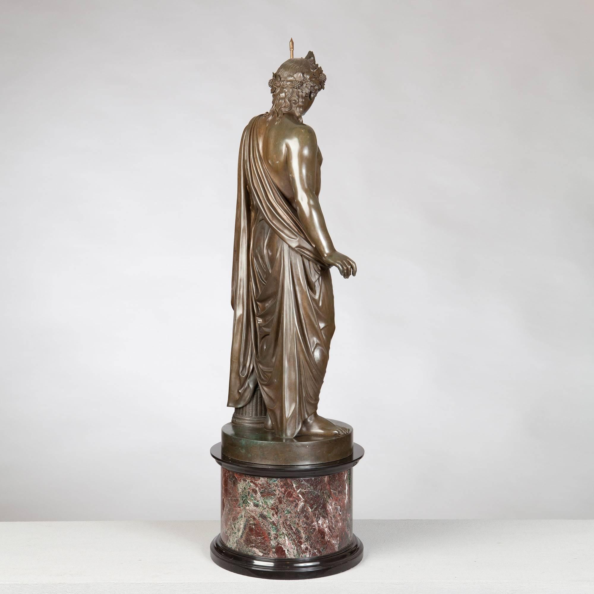 A bronze statue of a Roman classical figure holding a later sceptre by Boschetti, 19th century on a marble pedestal impressed BOSCHETTI / ROMA. 
Measures:
Height including base: 38in.
Diameter: 11in.

​Benedetto Boschetti was an Italian