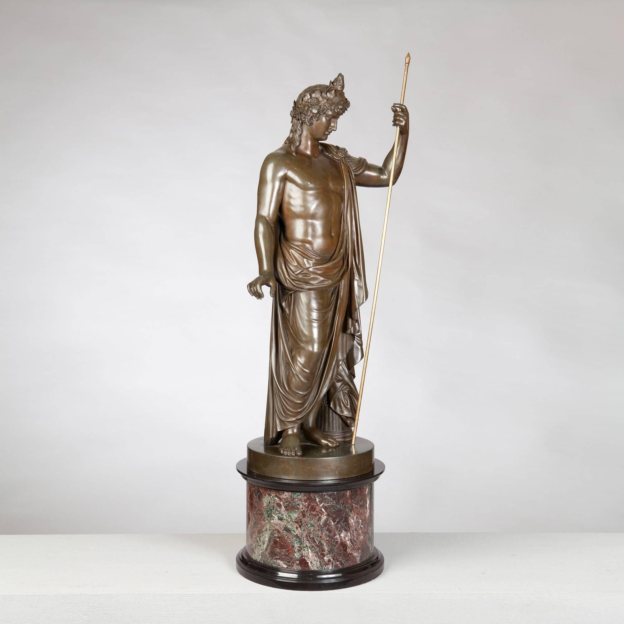 Cast Bronze Statue of Antinous Holding a Sceptre by Boschetti, 19th Century