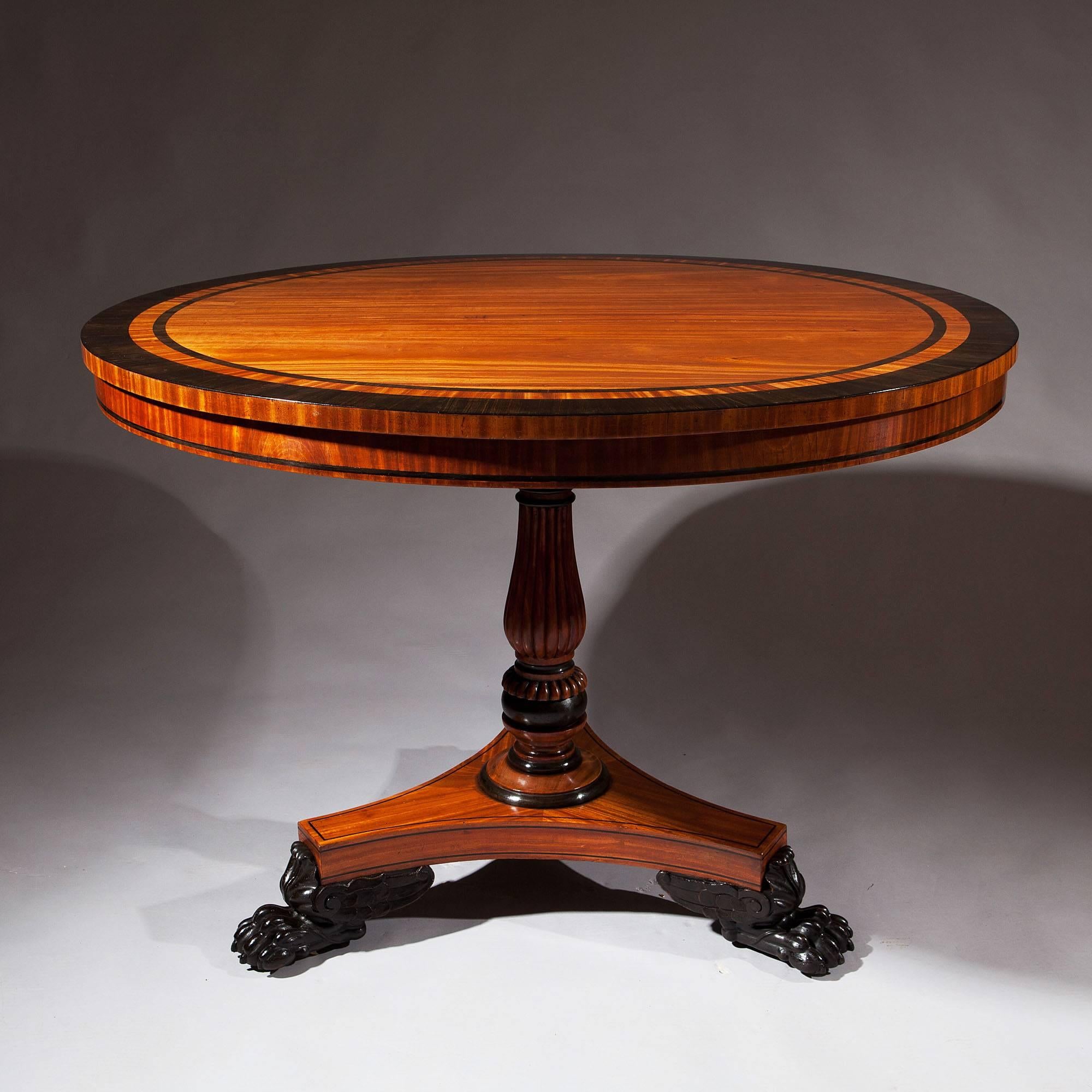 The circular top veneered throughout in exotic timbers of satinwood with ebony banding, supported on a carved and turned column and raised on a triangular base with concave sides, supported on ebonized clawed feet.
      