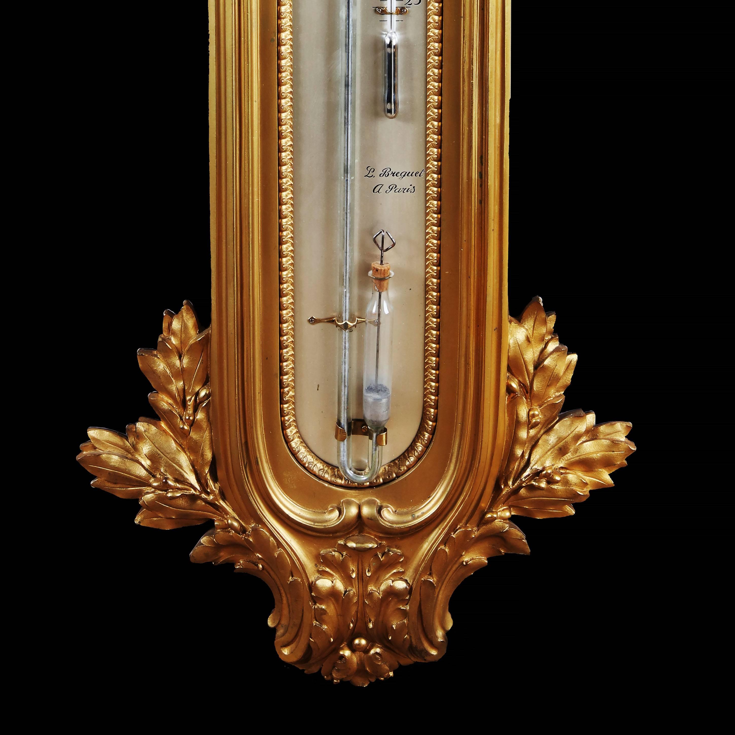 A very fine mid-19th century gilt Breguet mercury barometer in working order, mounted within a elaborate gilt bronze case.

Measures: Height 125cm.
Width: 34cm.