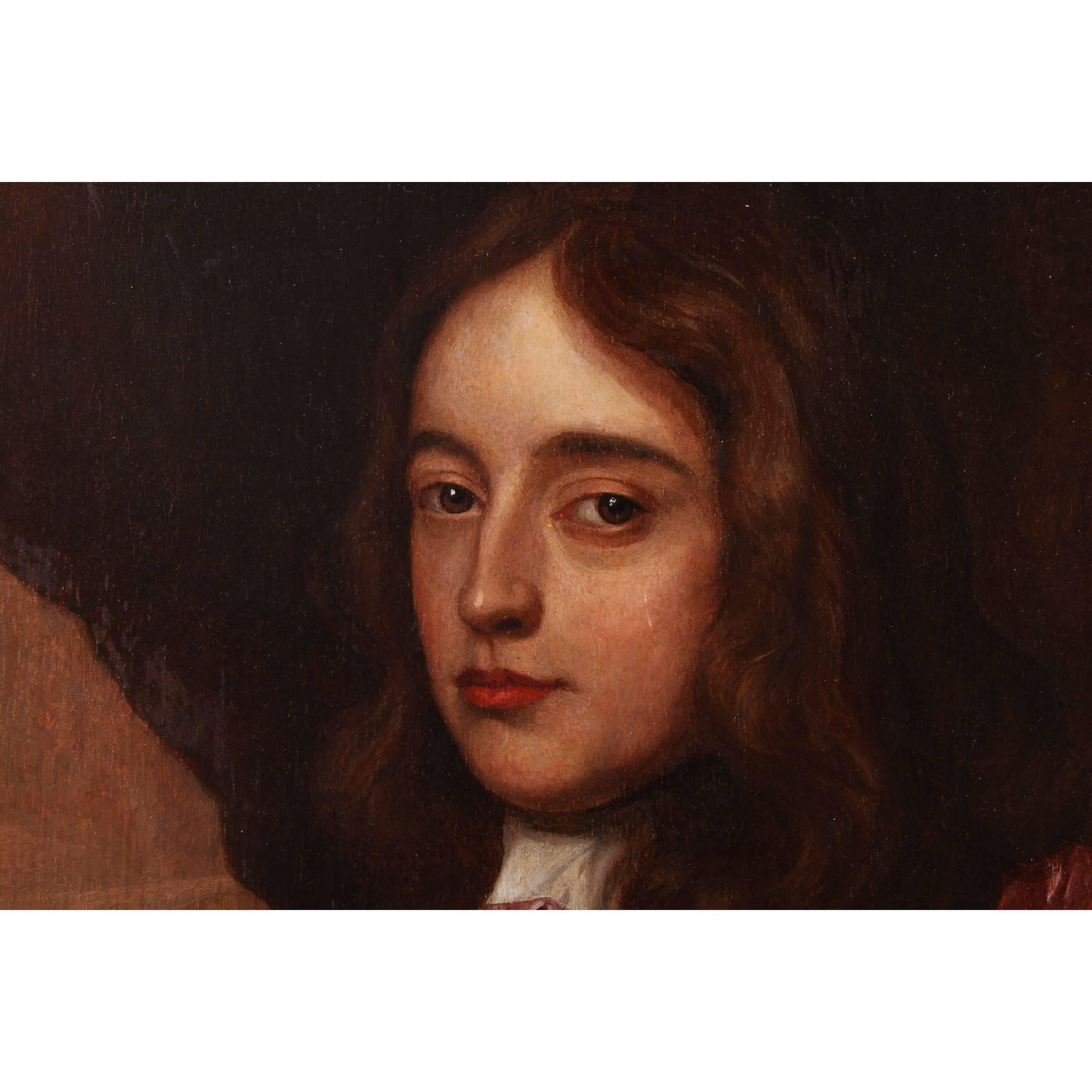 Rare 17th century oil on panel portrait of a young nobleman, possibly Prince William III of Orange. Possibly by Willem van Honthorst (1596-1666). In a period carved giltwood frame. 

Frame height: 26.25 inches.
Frame width: 22.25