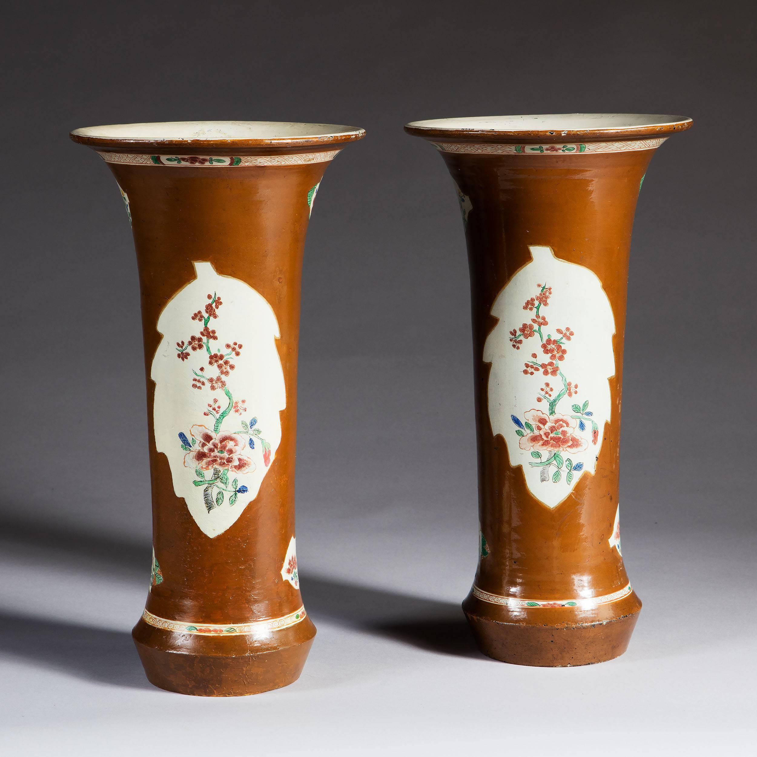 Louis XV Pair of Japanned Berlin Chinoiserie Wucai Batavia Trumpet Vases