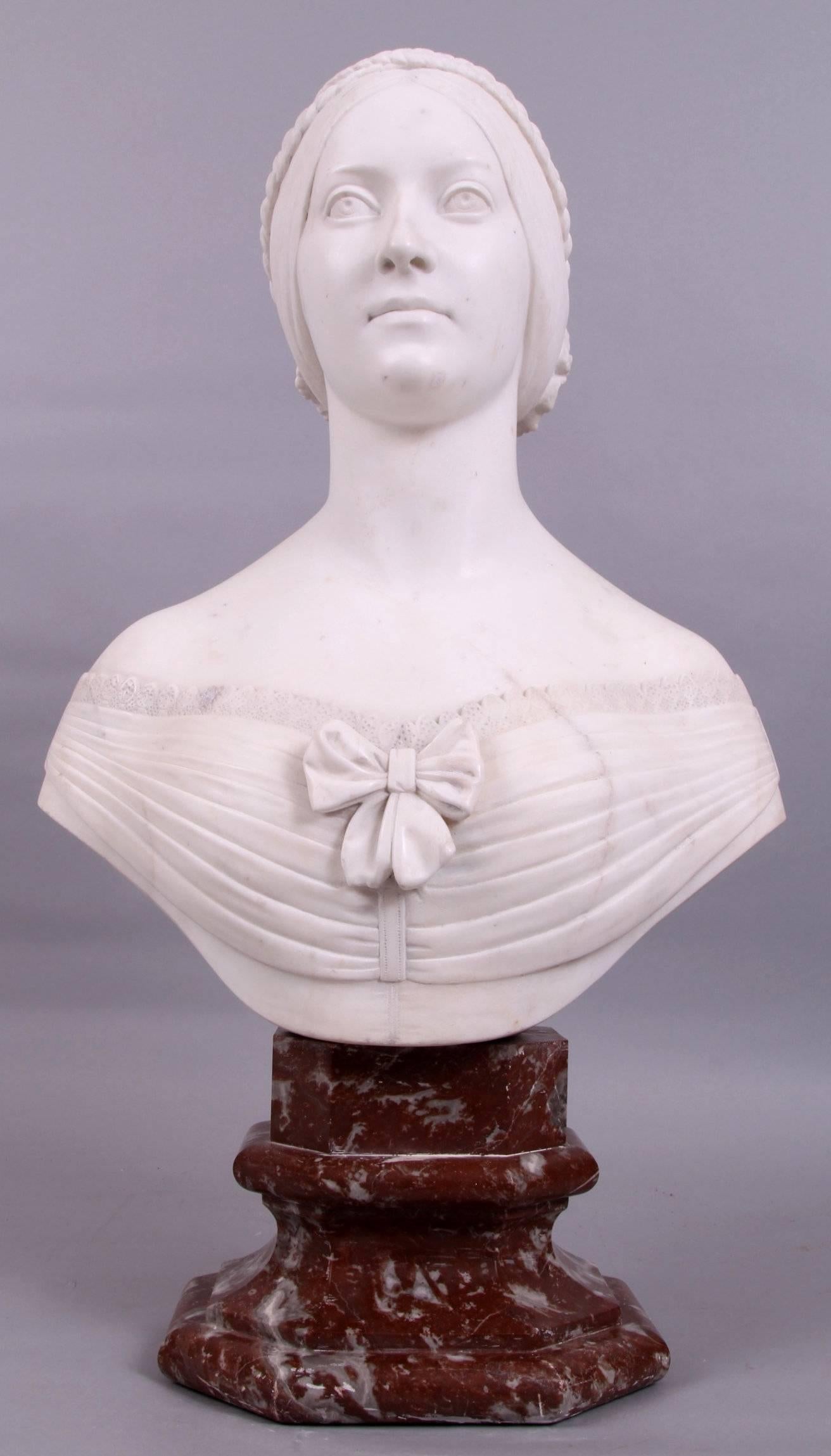 English Large 19th Century Carved White Marble Classical Bust