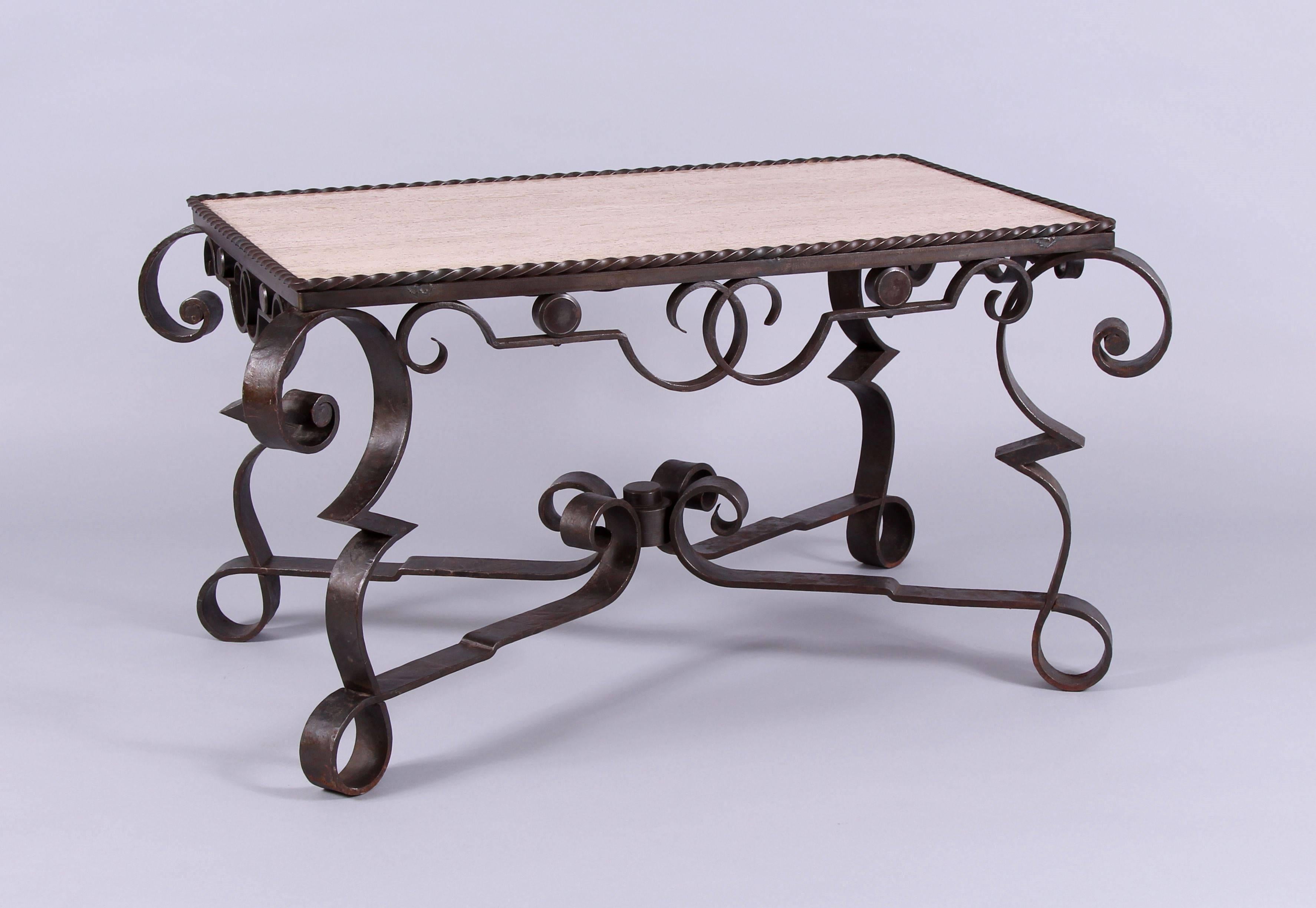 French Early 20th Century Marble Wrought Iron Coffee Table, Art Deco