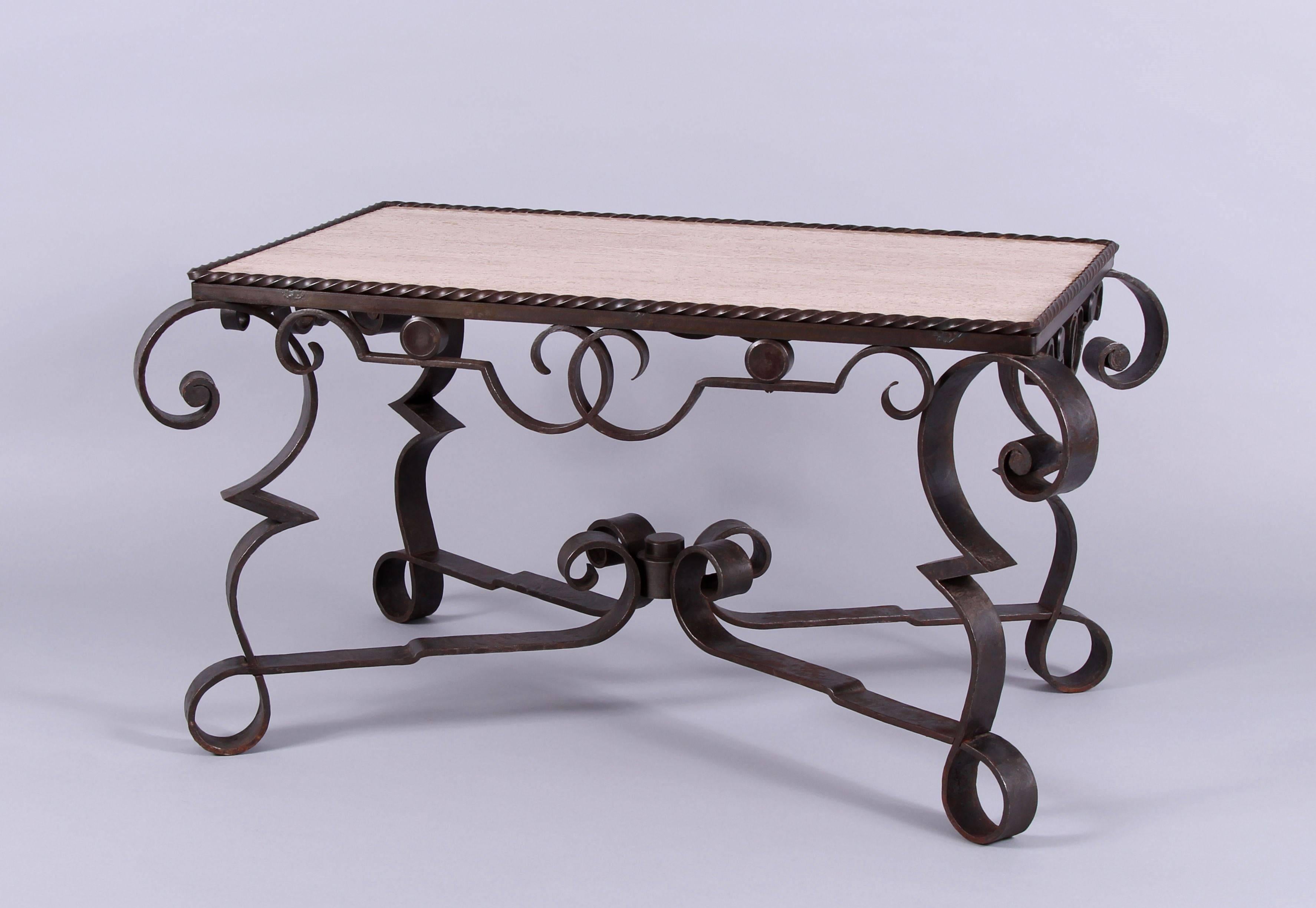 Hammered Early 20th Century Marble Wrought Iron Coffee Table, Art Deco