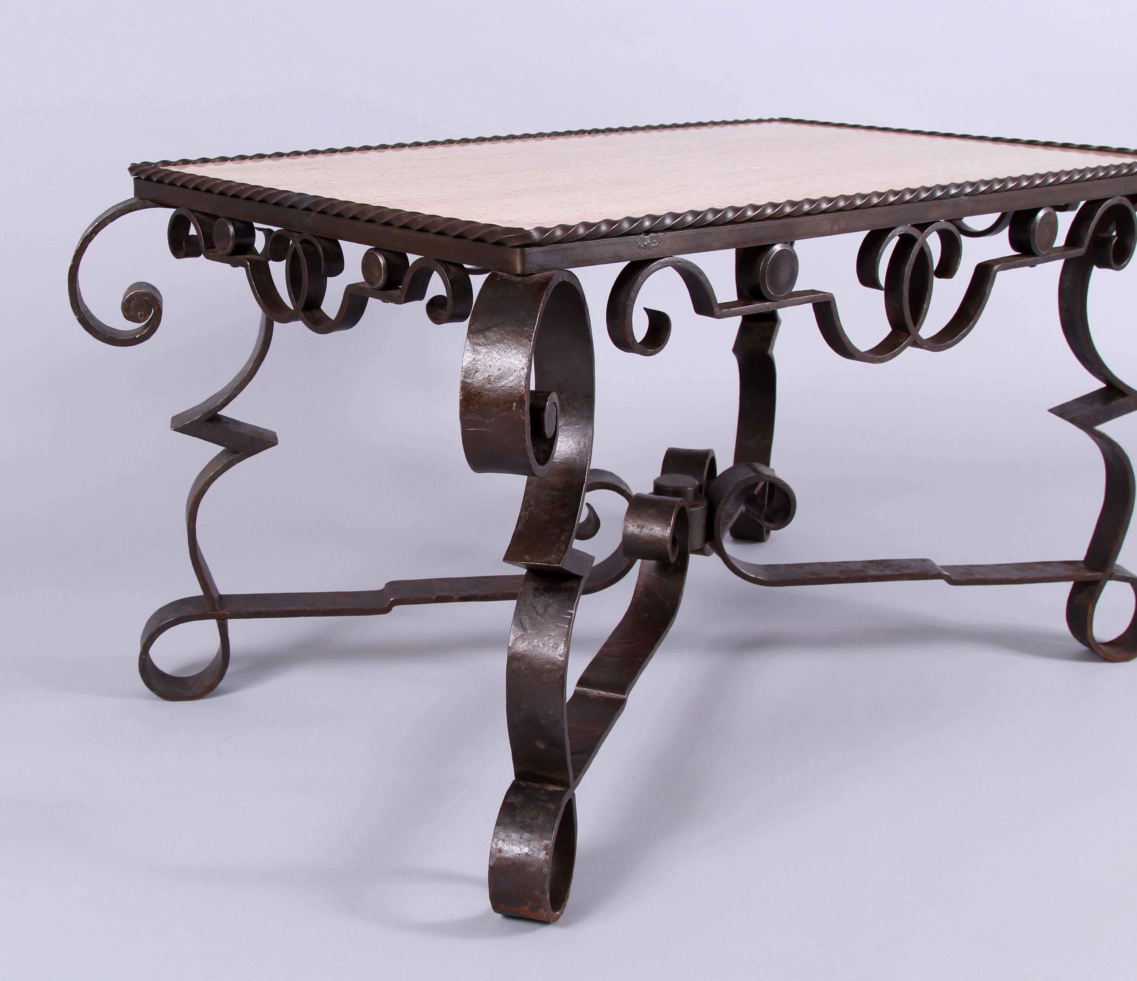 Limestone Early 20th Century Marble Wrought Iron Coffee Table, Art Deco