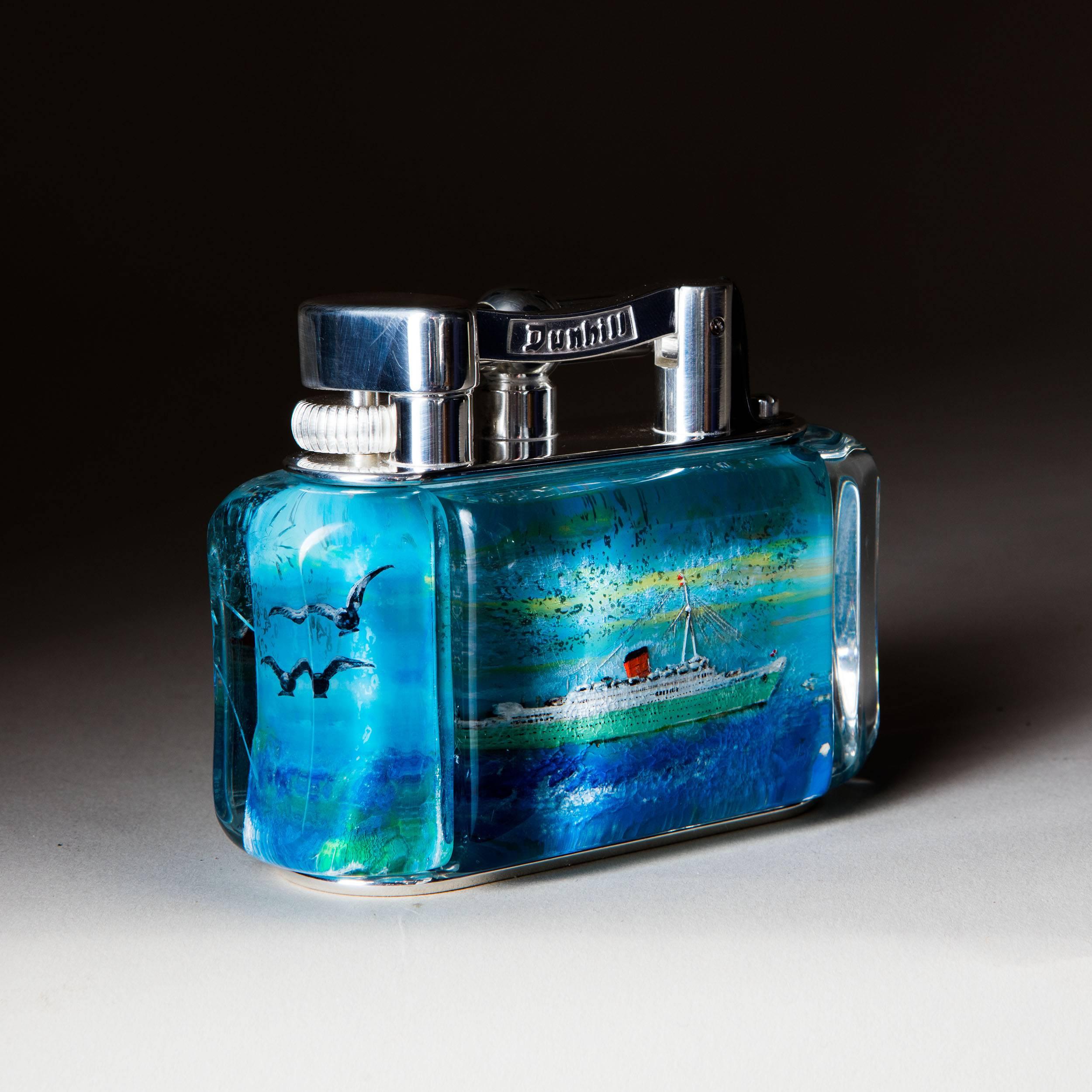 Dunhill Green Goddess Cunard Line RMS Caronia: Ship Aquarium Table Lighter In Good Condition In London, by appointment only