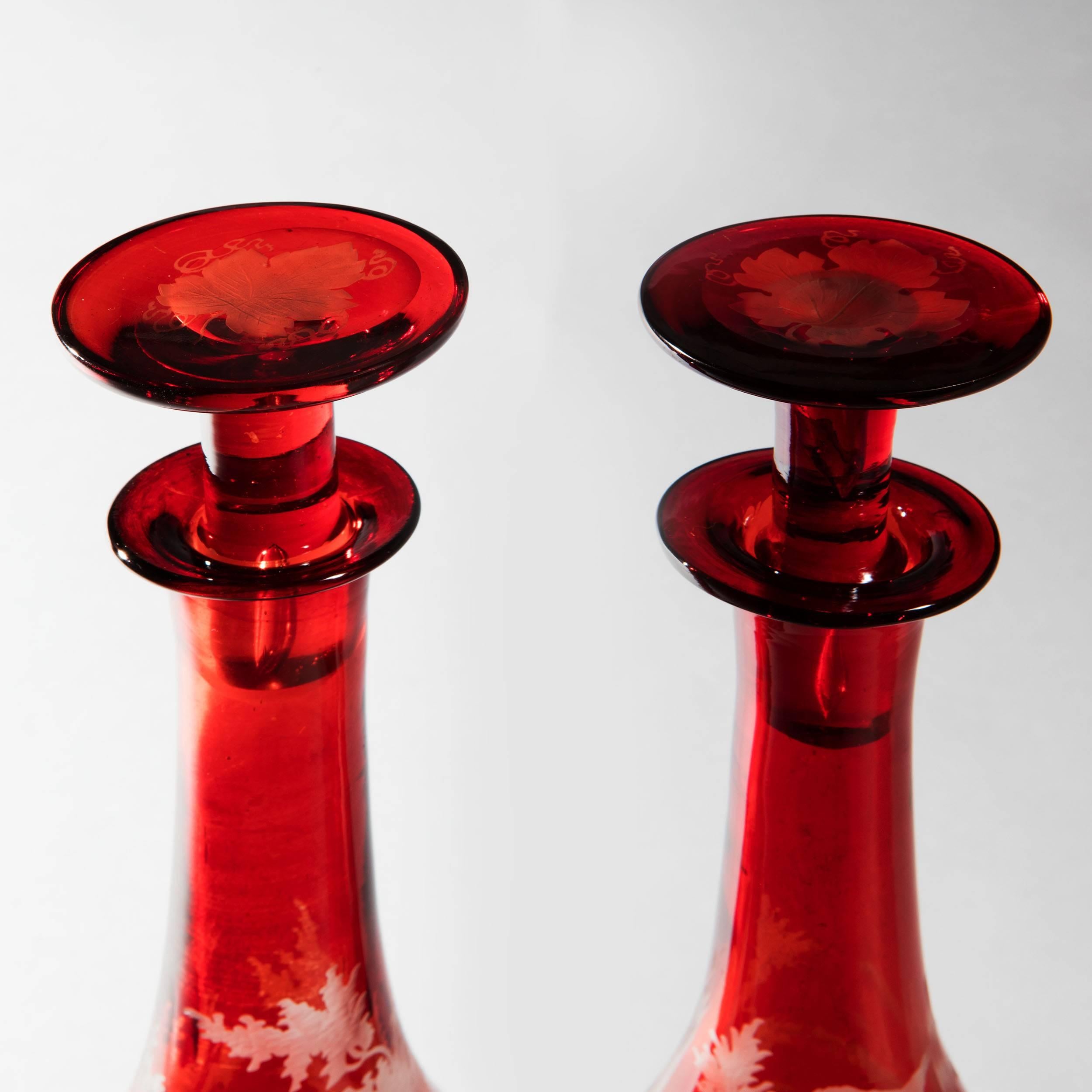 Mid-19th Century Pair of Bohemian Engraved Glass Bottle Decanters