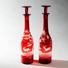 Pair of Bohemian Engraved Glass Bottle Decanters