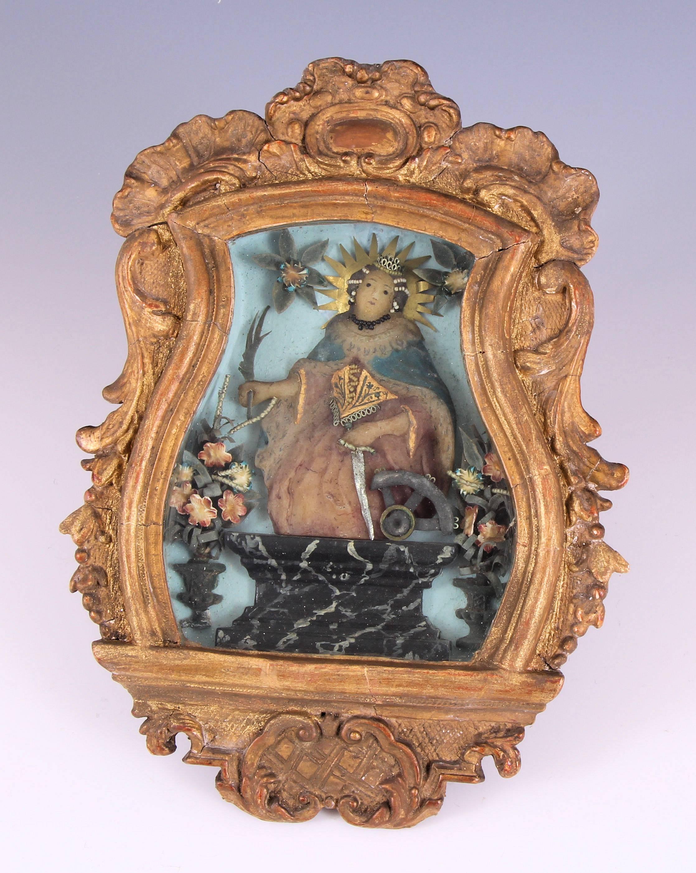 Italian 18th Century Icon, Wax Portrait Giltwood Frame For Sale