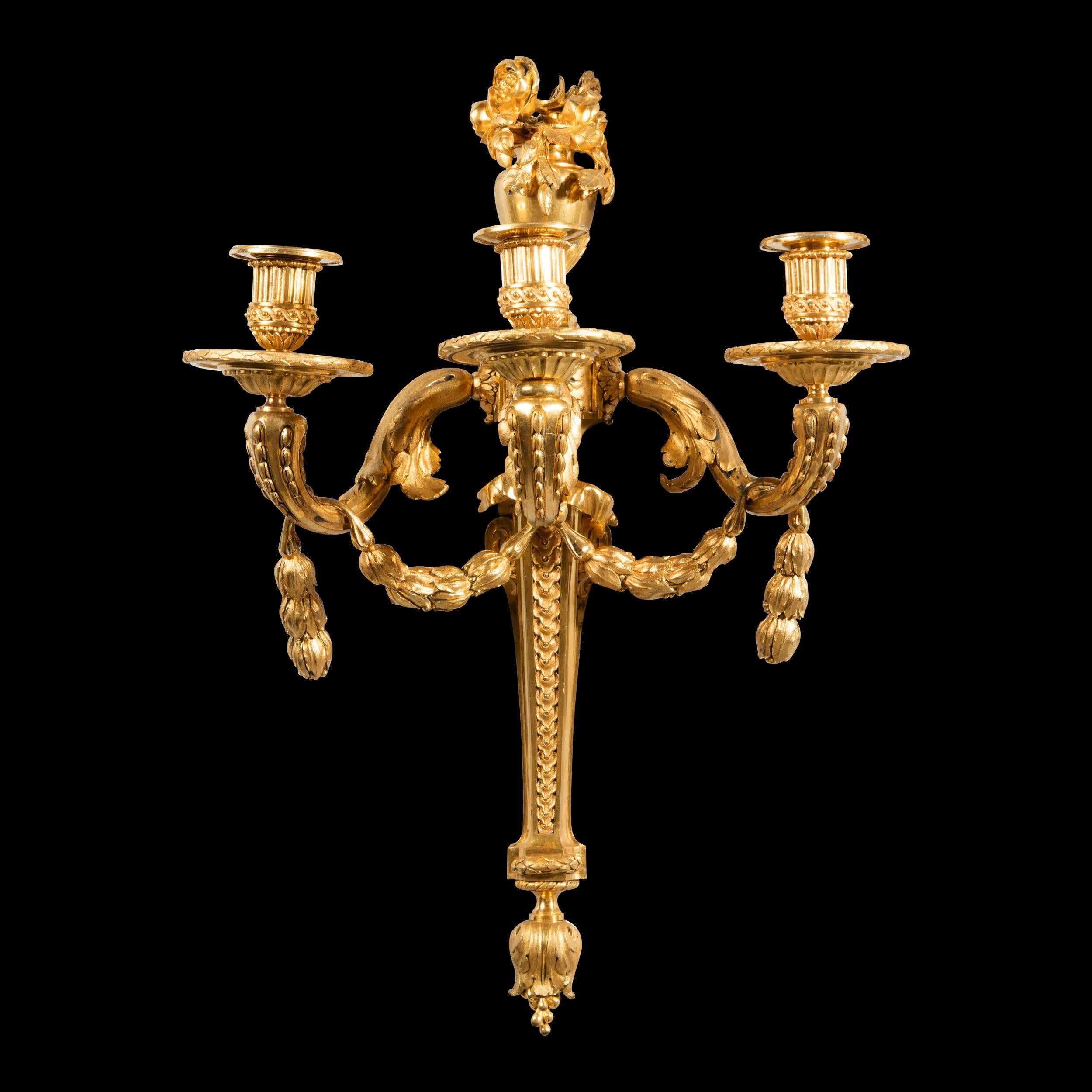 French Monumental Pair of Louis XVI Gilt Bronze Wall Sconces Jean-Charles Delafosse For Sale