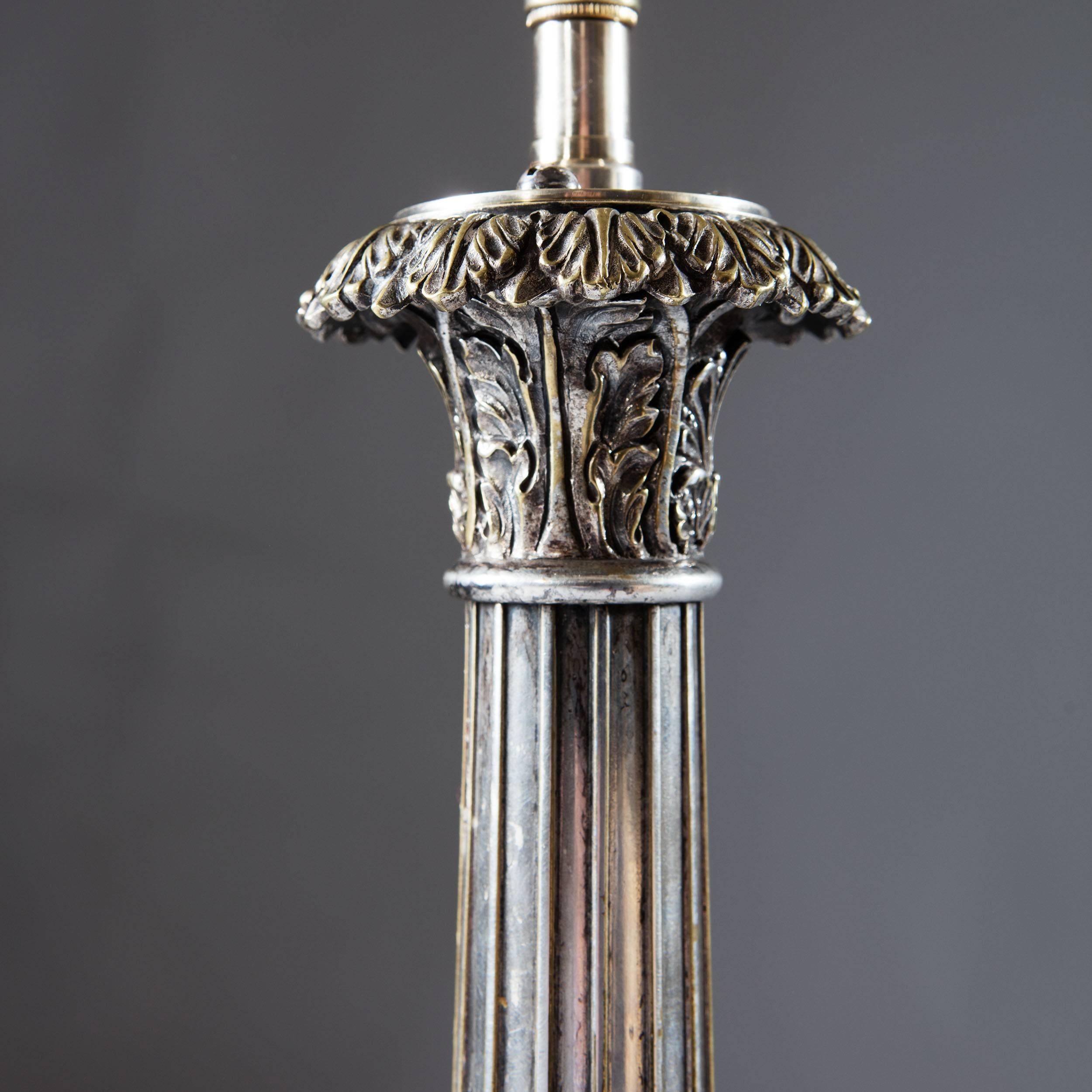 Victorian Pair of Large Silvered Column Lamps For Sale