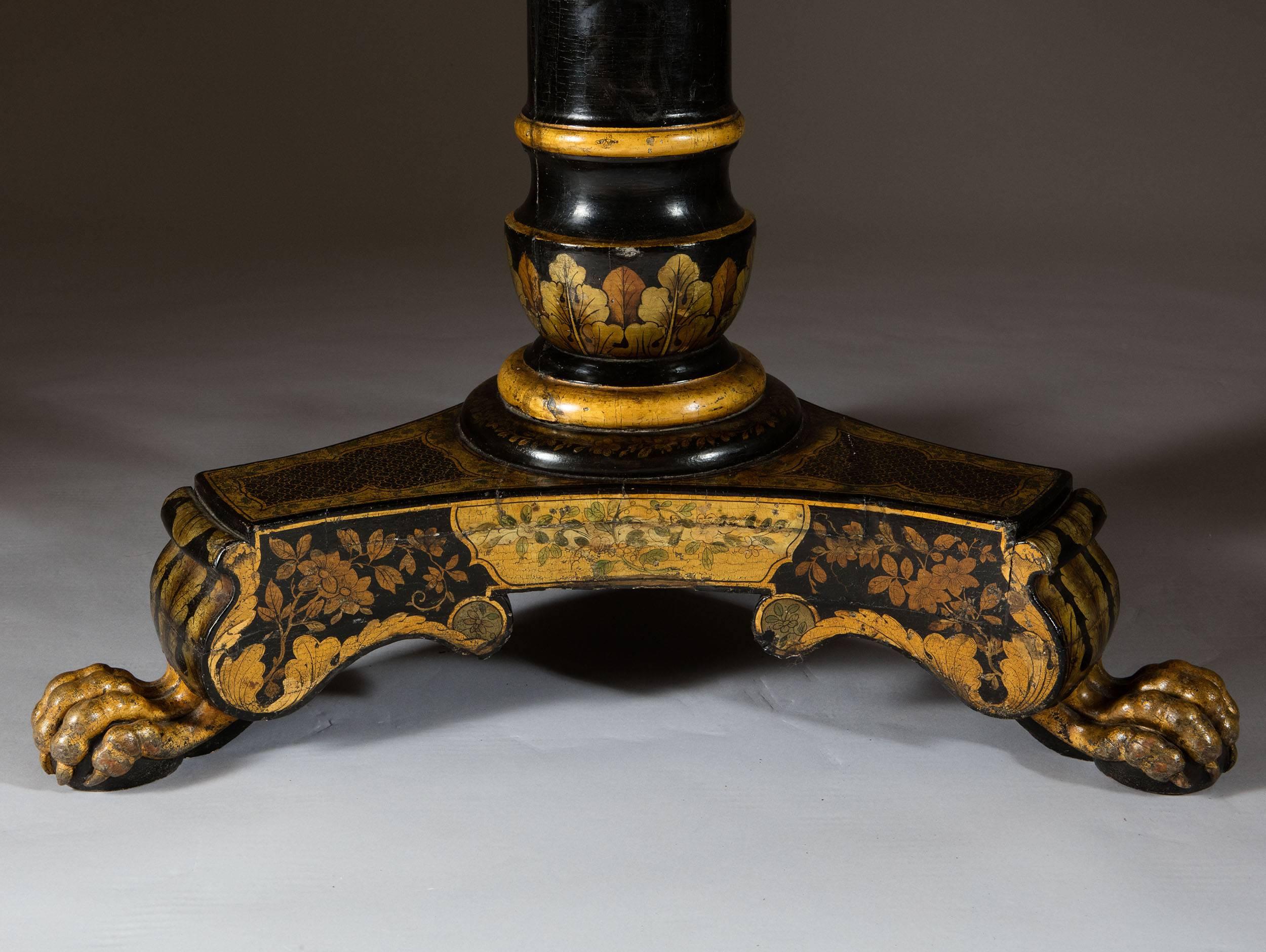 England, circa 1820. 

An exceptional and very rare early 19th century Regency black lacquer and gilt tilt-top round centre table decorated throughout with chinoiserie scenes of daily life beautifully finished in exceptional detail, amongst