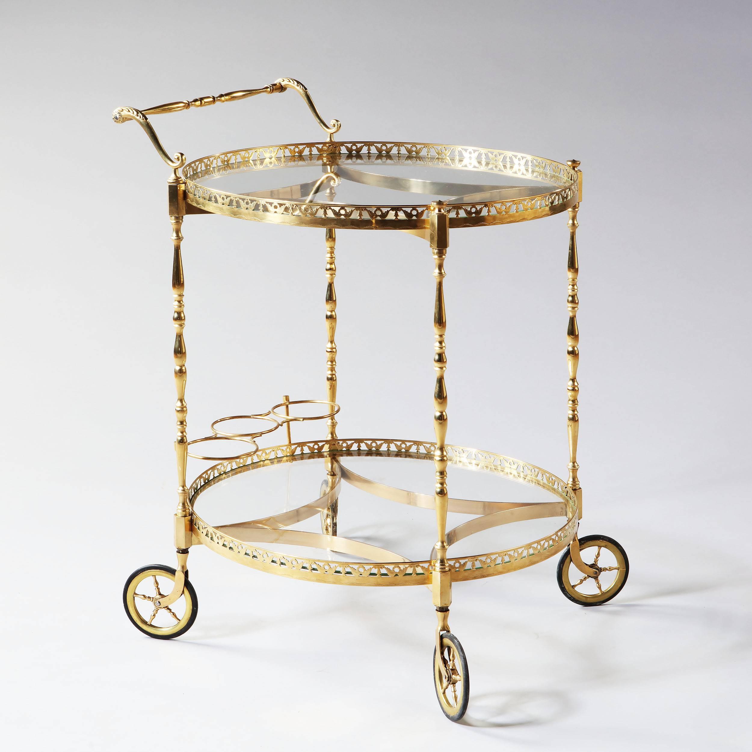 French Superb Polished Brass Round Bar Cart Drinks Trolley Attributed to Maison Jansen