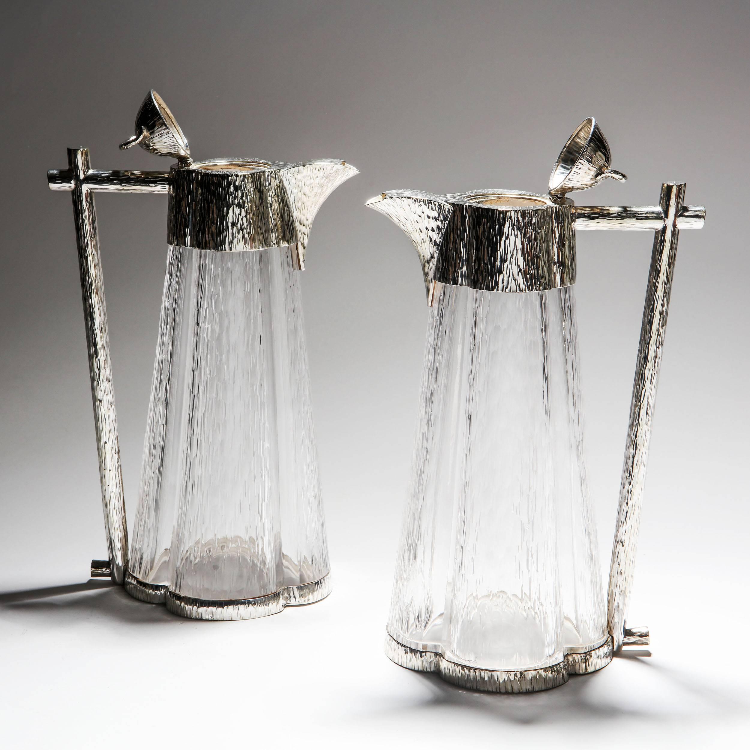 Pair of Silver Plate and Cut-Glass Aesthetic Movement Claret Jugs In Excellent Condition In London, by appointment only