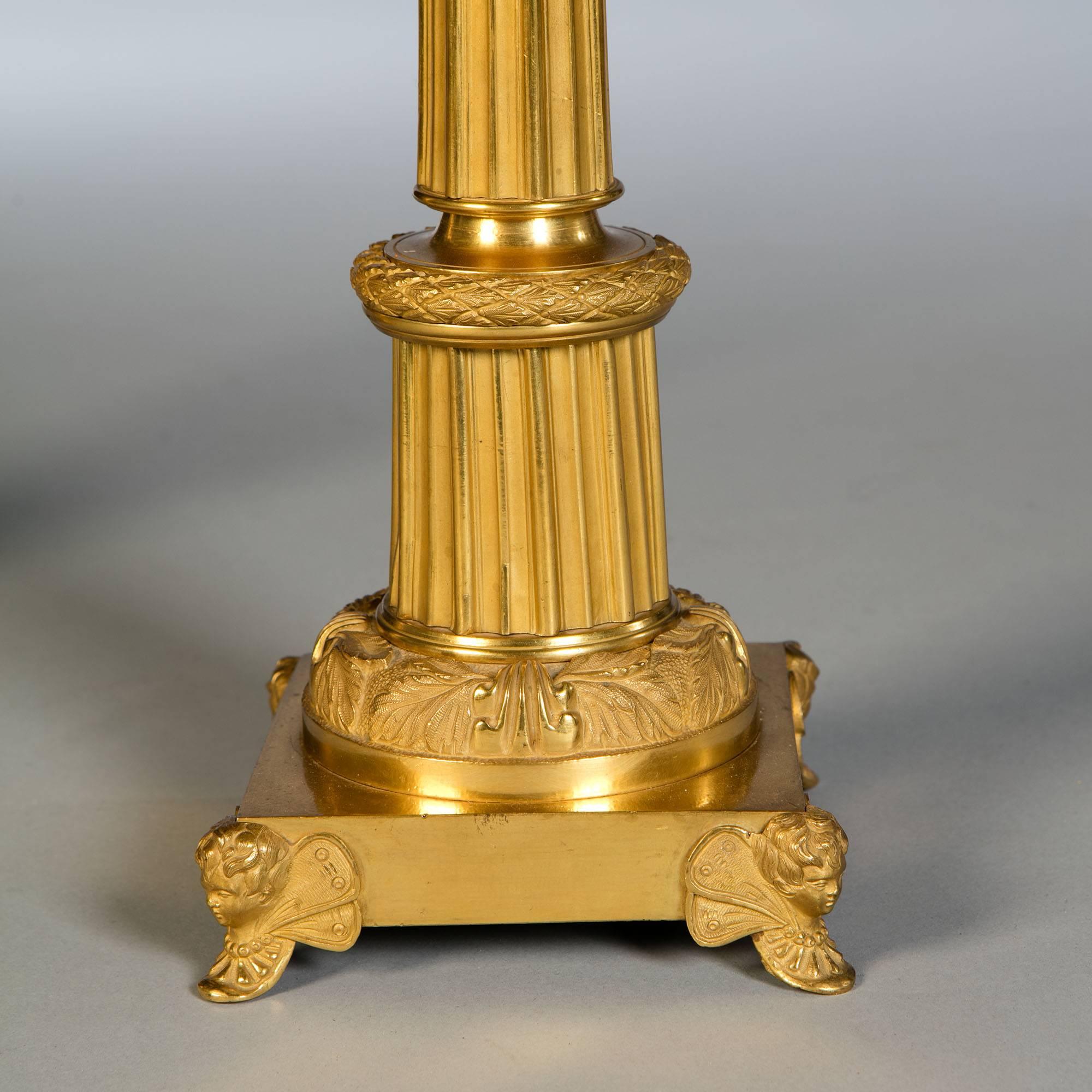 Restauration Pair of French Gilt Bronze and Gilt Column Lamps For Sale