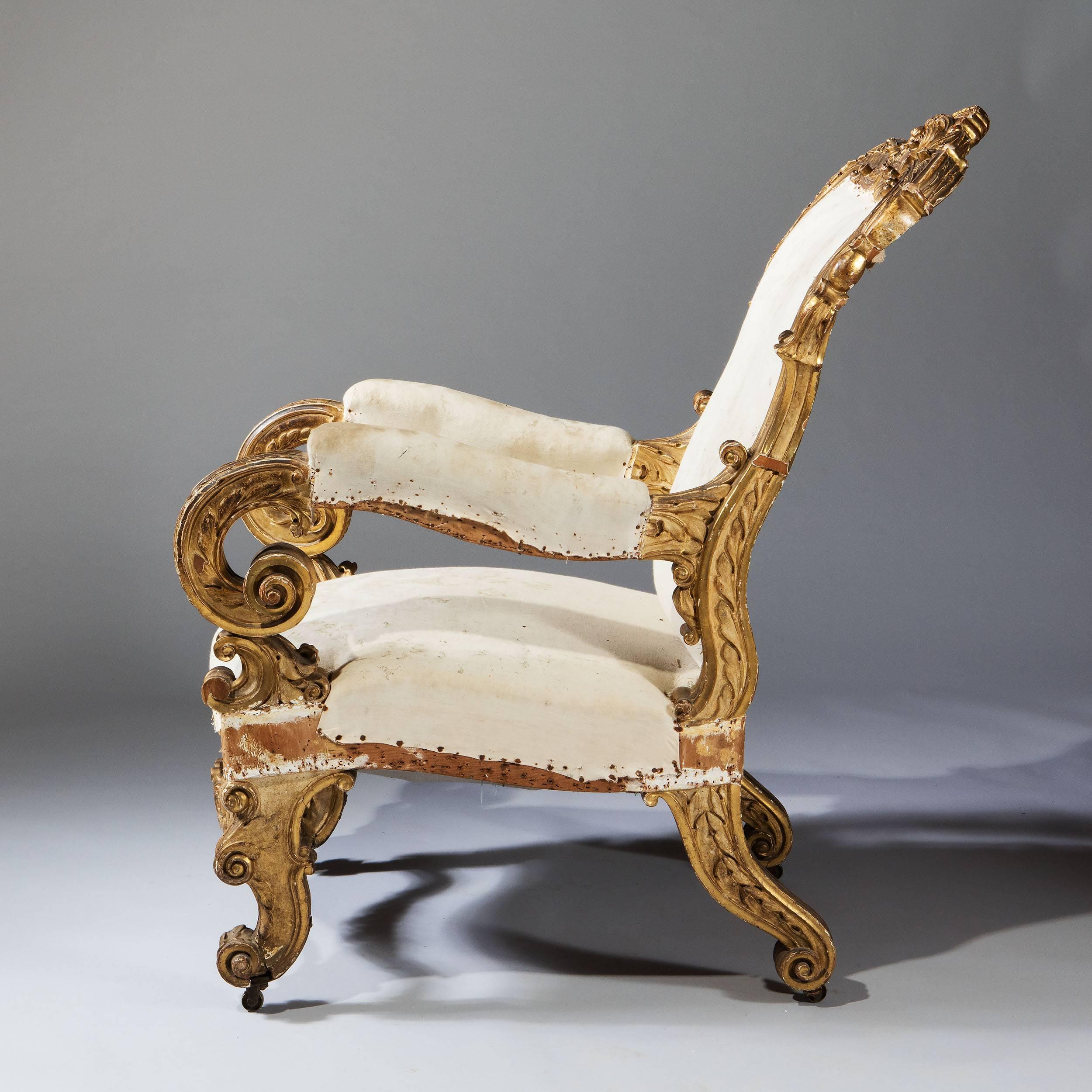 Baroque 18th Century North Italian Giltwood Throne Chair 