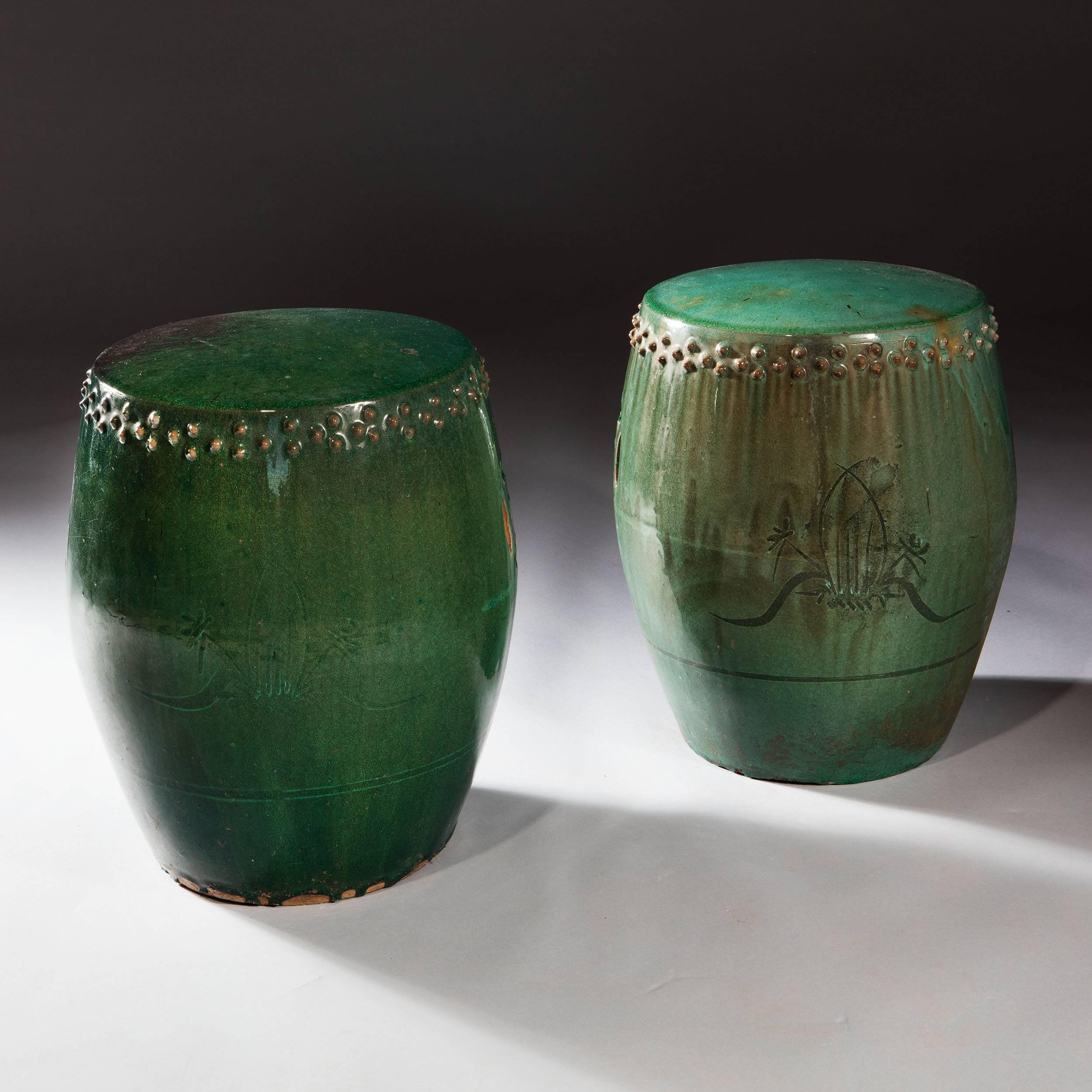 Pair of Vibrant Green Glazed Chinese Pottery Stools In Excellent Condition In London, by appointment only