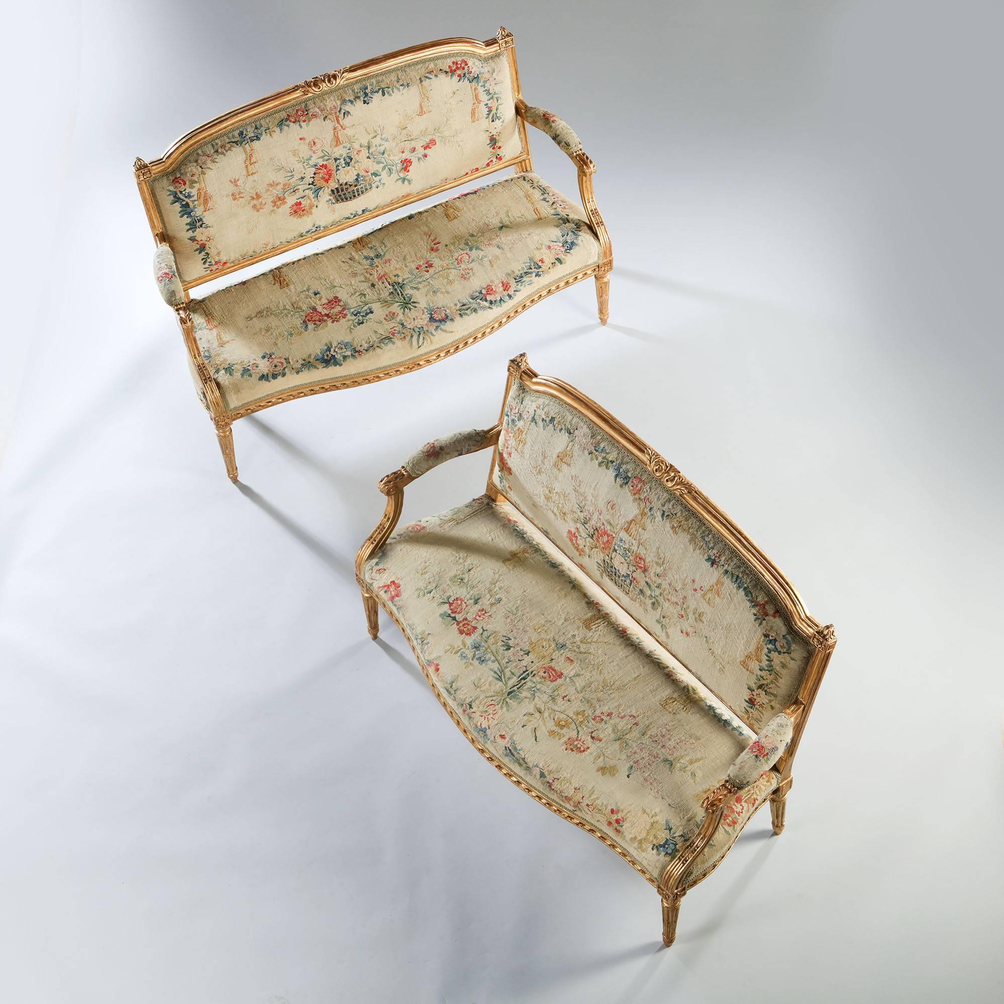 French Pair of Giltwood Canapes, Louis XVI, 18th Century, Stamped Pierre Laroque