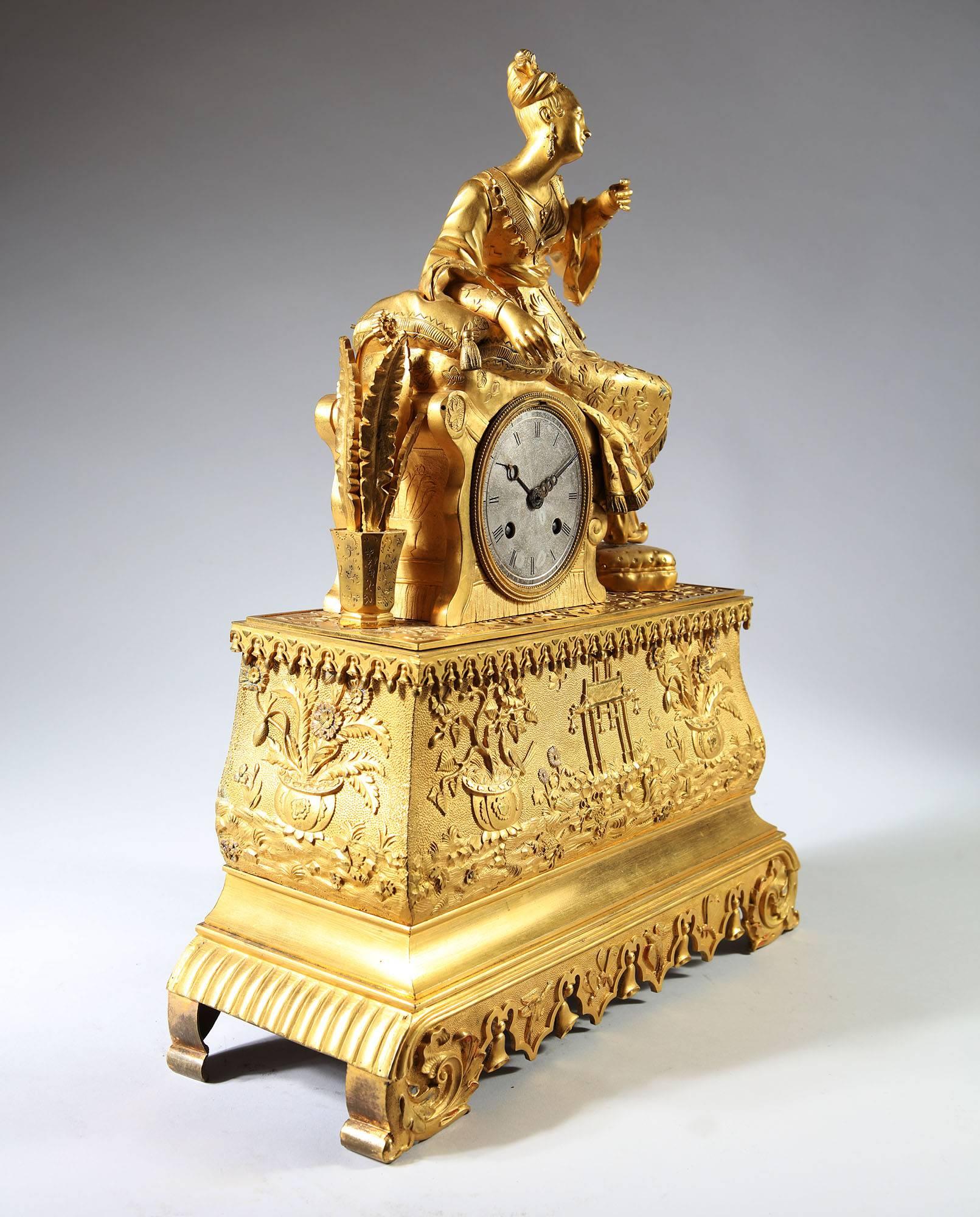 Charles X French Gilt Bronze Ottoman Chinoiserie Mantel Clock For Sale