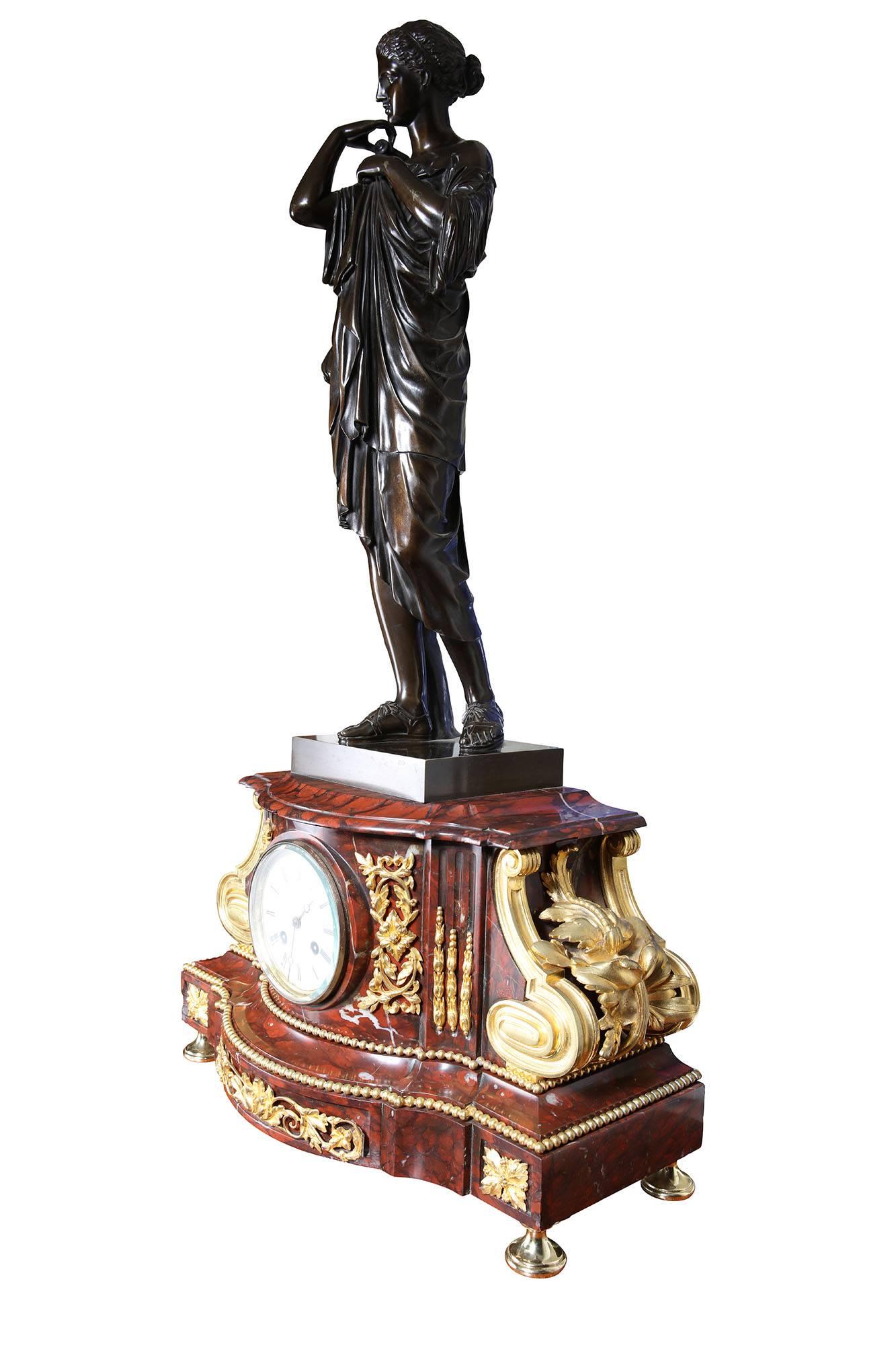 French 19th Century Bronze and Rouge Marble Mantle Clock In Excellent Condition In London, by appointment only