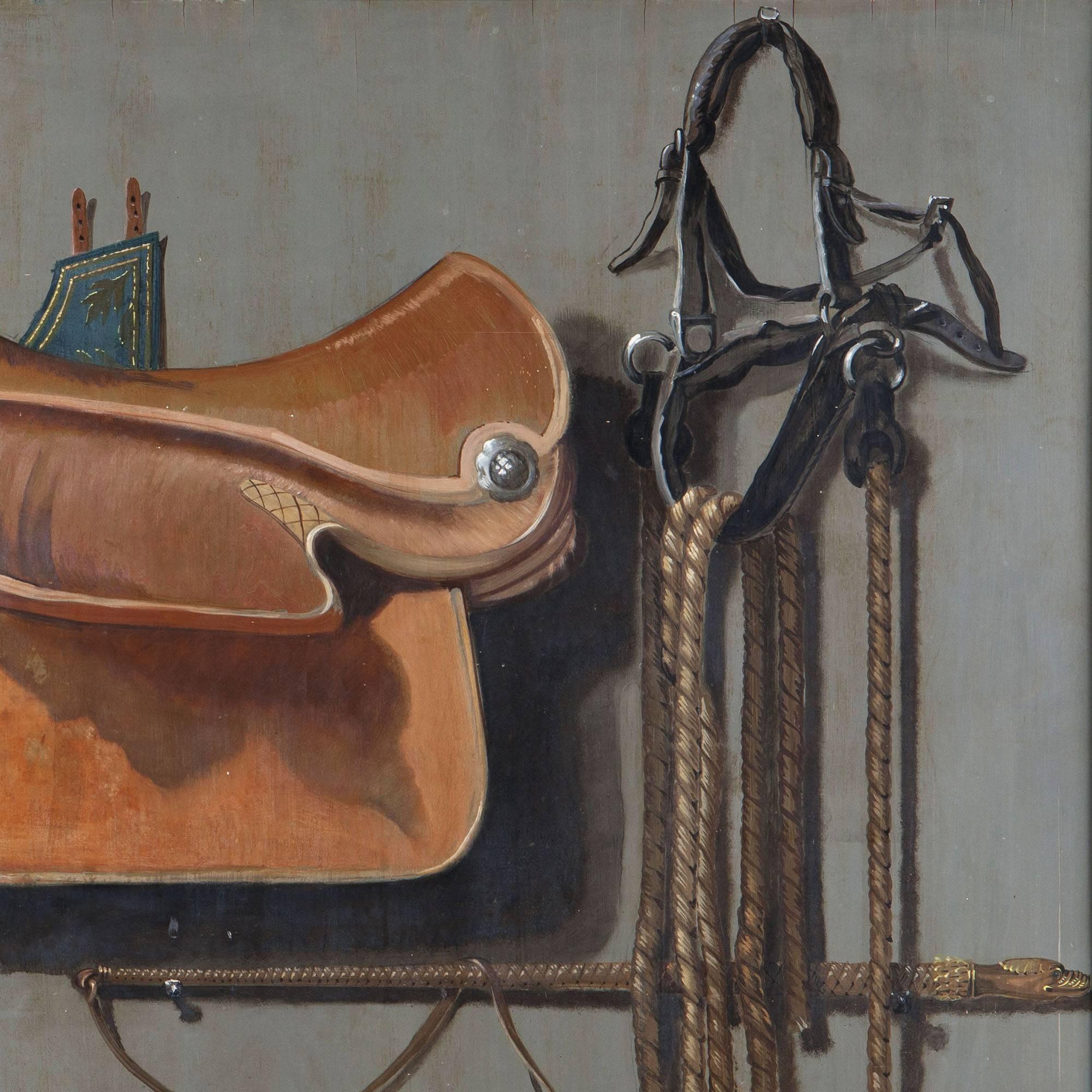 A highly unusual Mid-Century large-scale painting on panel of a Trompe l'oeil of stabile equipment. In the manner of 17th century Trompe l'oeil artist J. Biltius.

It has been suggested that this panel may have been created as an advertisement or