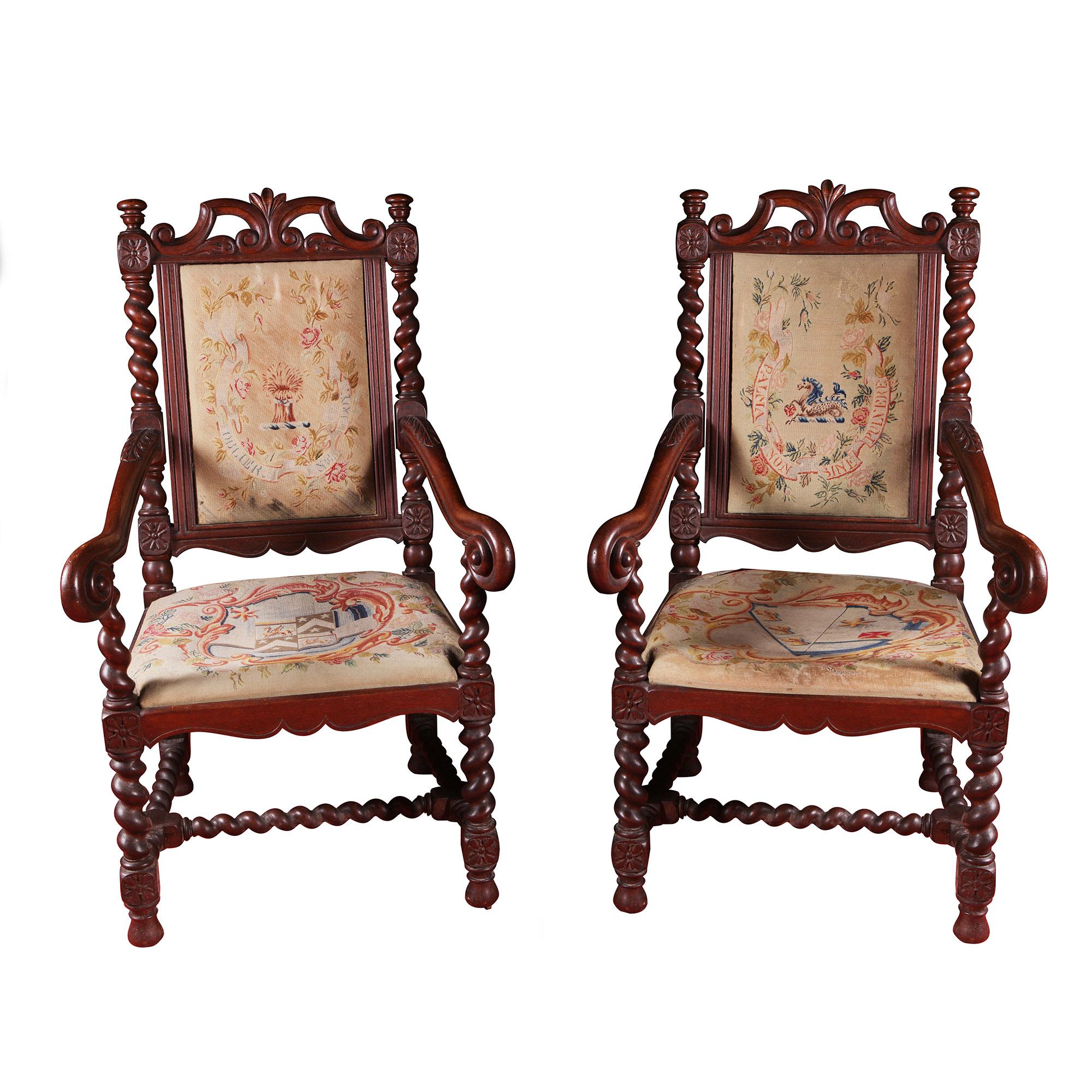 Rare and Important set of 10 mid 19th century barley twist oak dining chairs (2 grand carvers and 8 side chairs) retaining their original unique armorial needlework seats and backs of the Ottley family. (The main image only shows 1 side chair