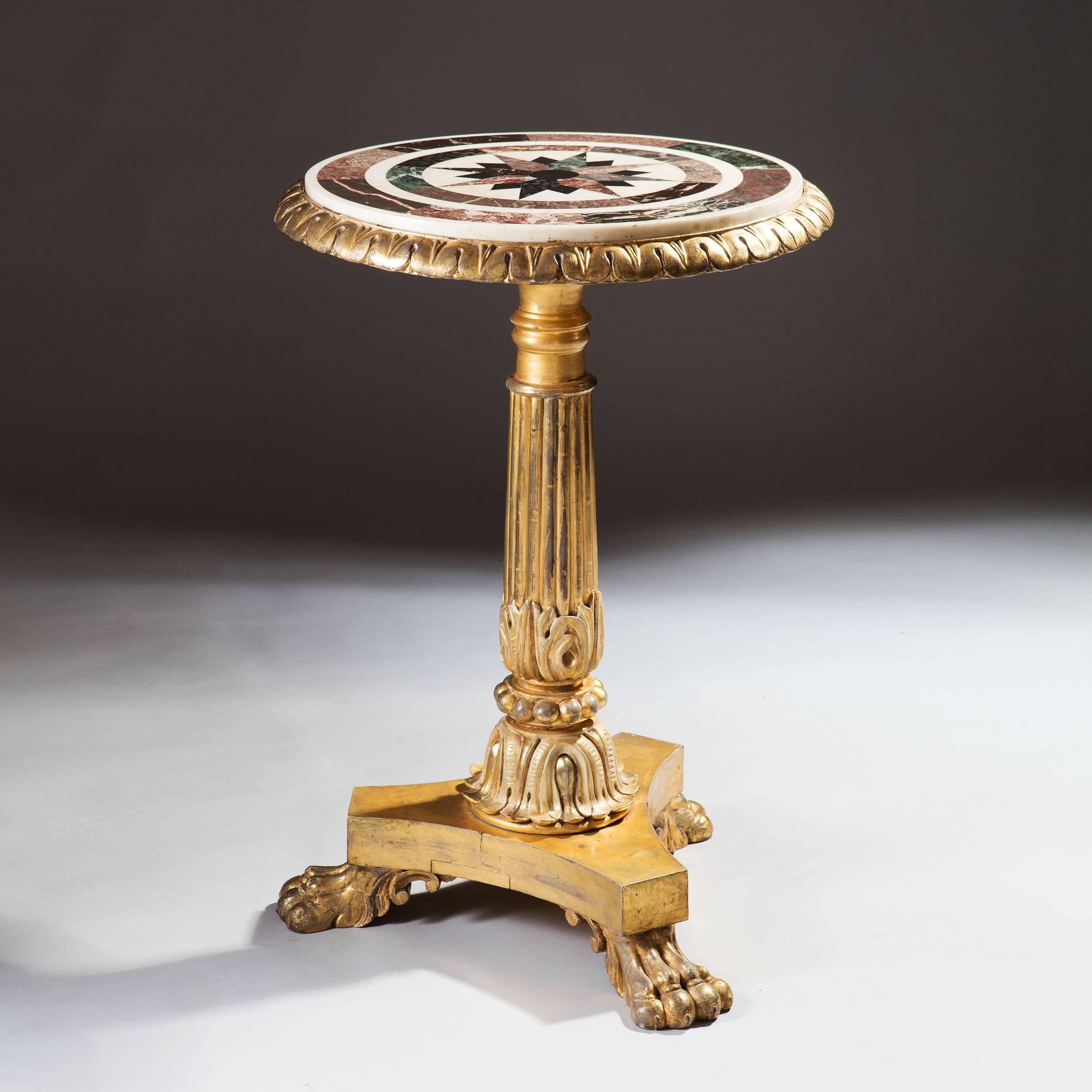 A fine mid-19th century William IV carved giltwood and specimen marble circular occasional table raised on three hairy paw feet,

England, circa 1840. 

Measures: Height 76cm 30in.
​Diameter 52cm 20.5in.