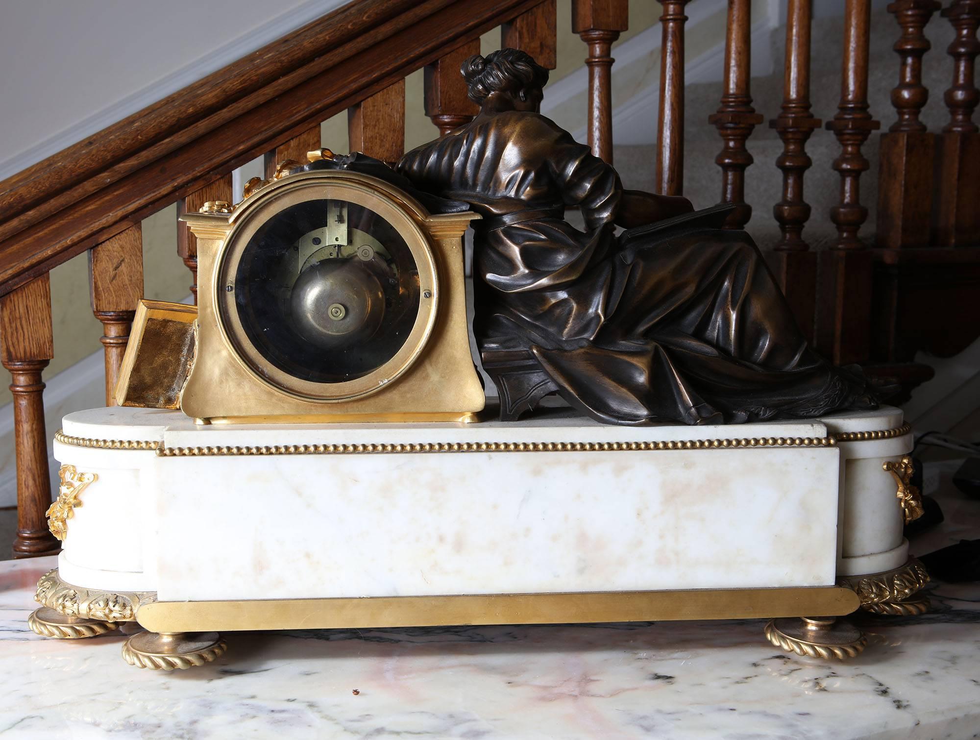 Fine French Neoclassical White Statuary Marble and Gold Ormolu Mantel Clock 3