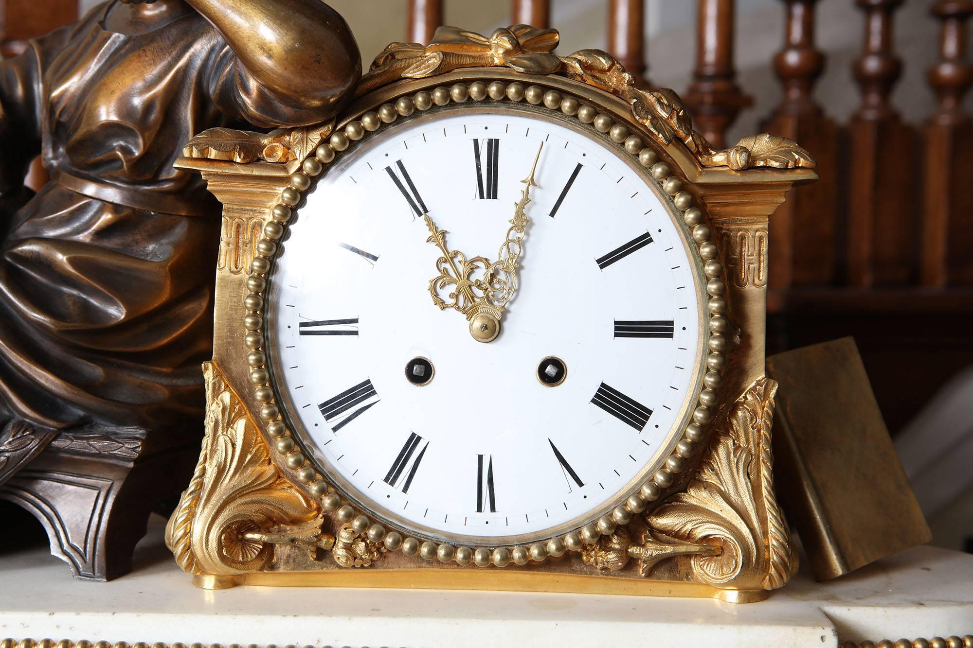 Carrara Marble Fine French Neoclassical White Statuary Marble and Gold Ormolu Mantel Clock