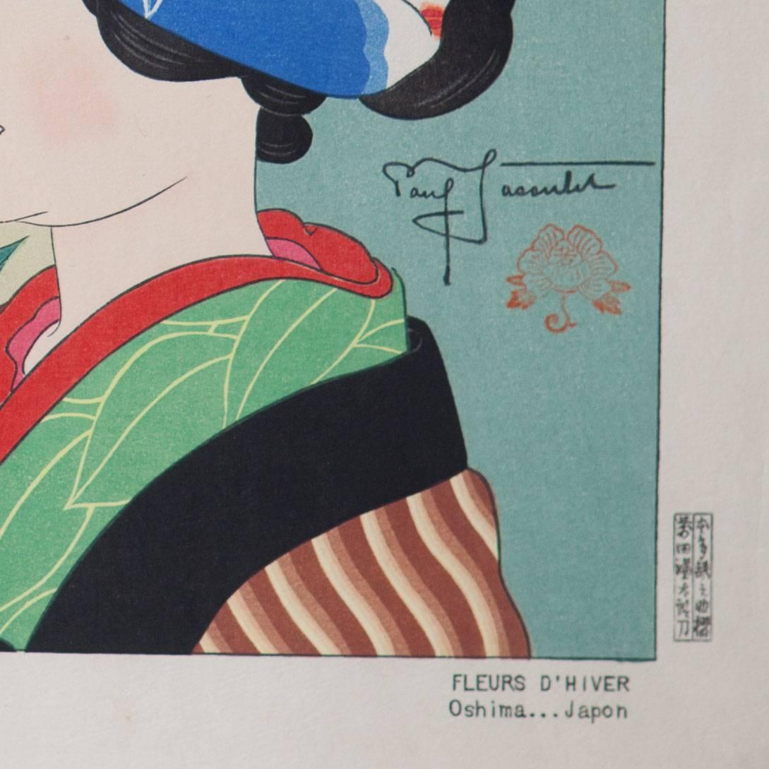 Mid-Century Modern Japanese Woodblock Print by Paul Jacoulet, Fleurs d'hiver Oshima... Japon