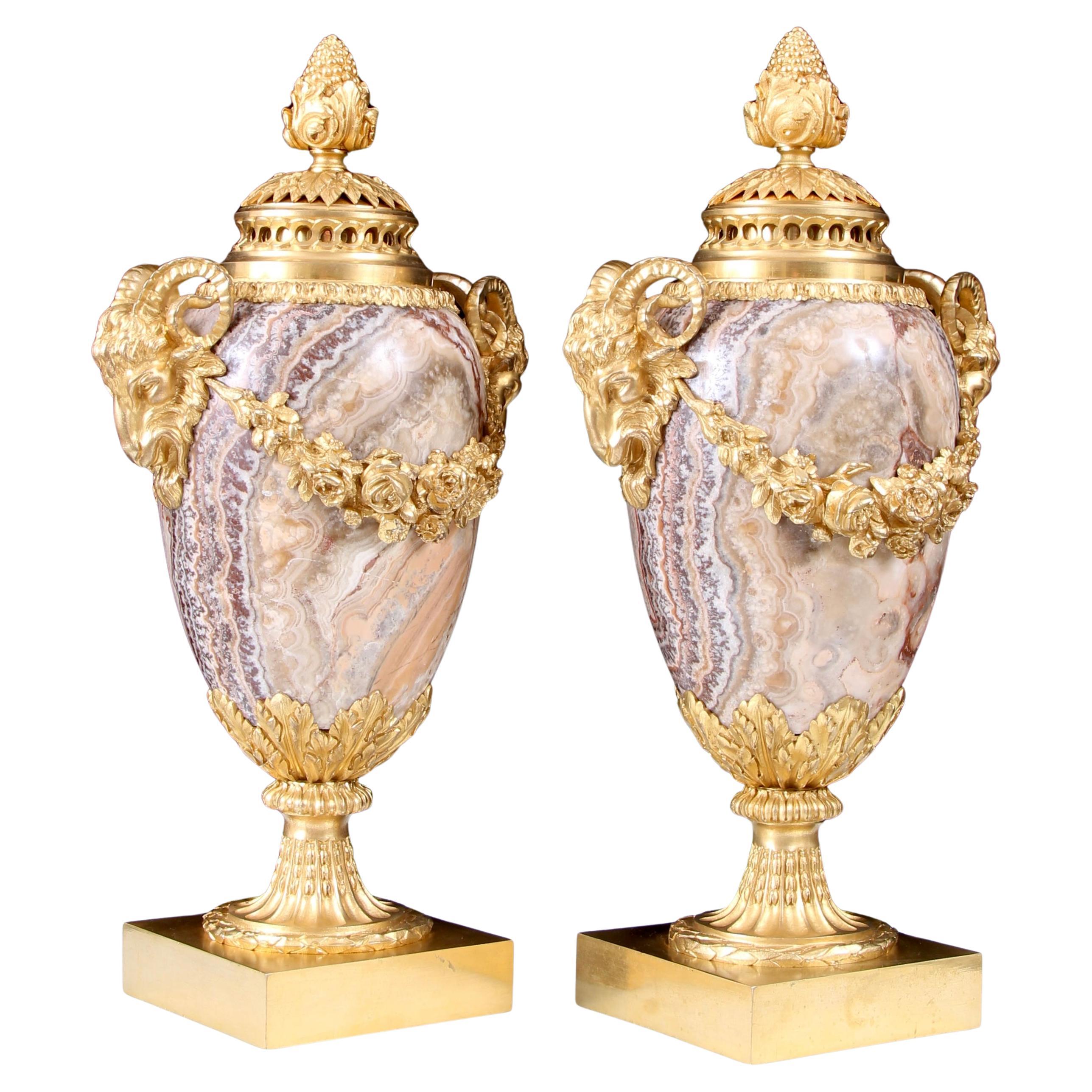 Pair Early 19th Century Gilt Bronze Mounted Alabastro Fiorito Lidded Vases For Sale