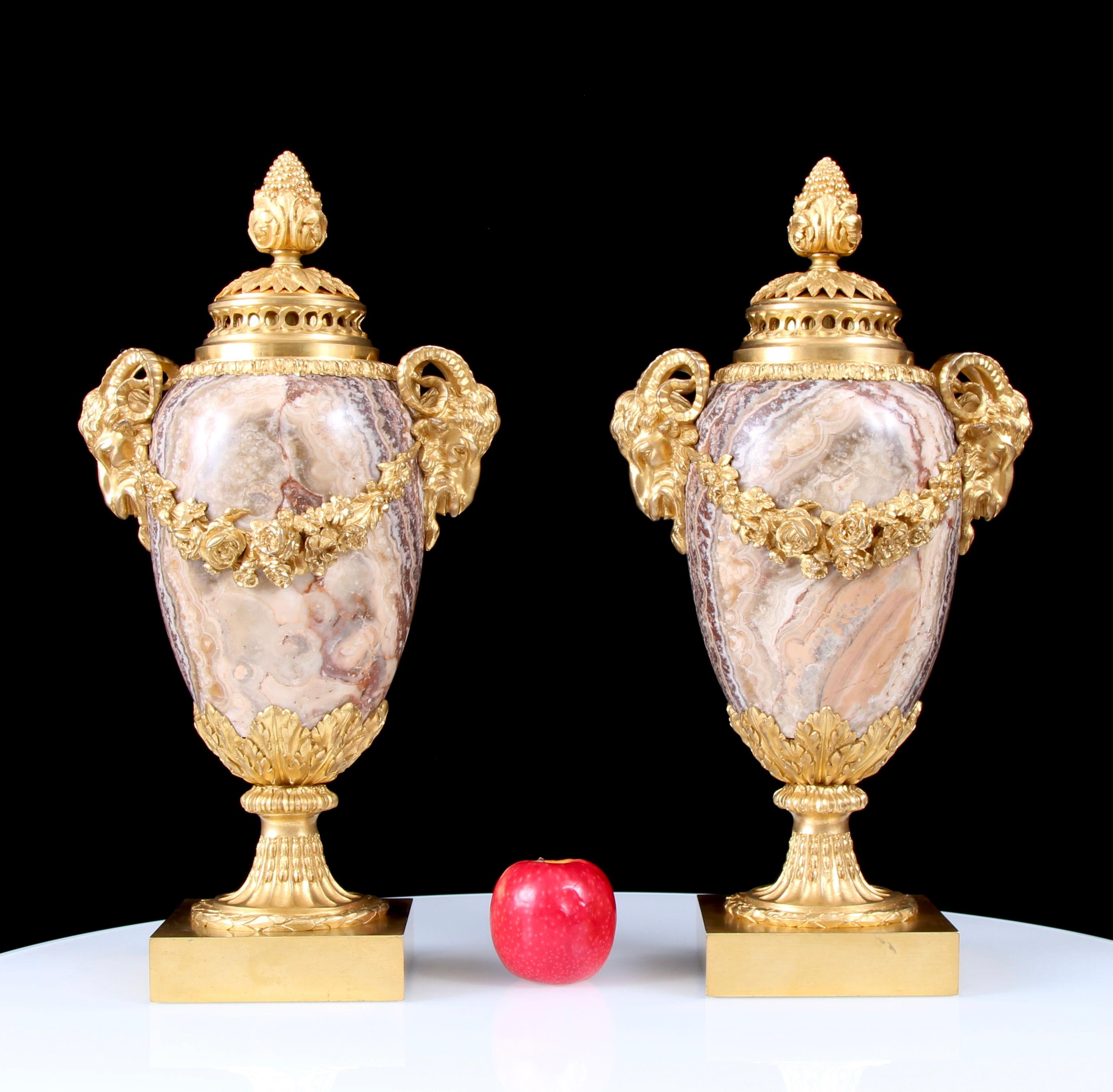 Pair Early 19th Century Gilt Bronze Mounted Alabastro Fiorito Lidded Vases In Good Condition For Sale In London, by appointment only