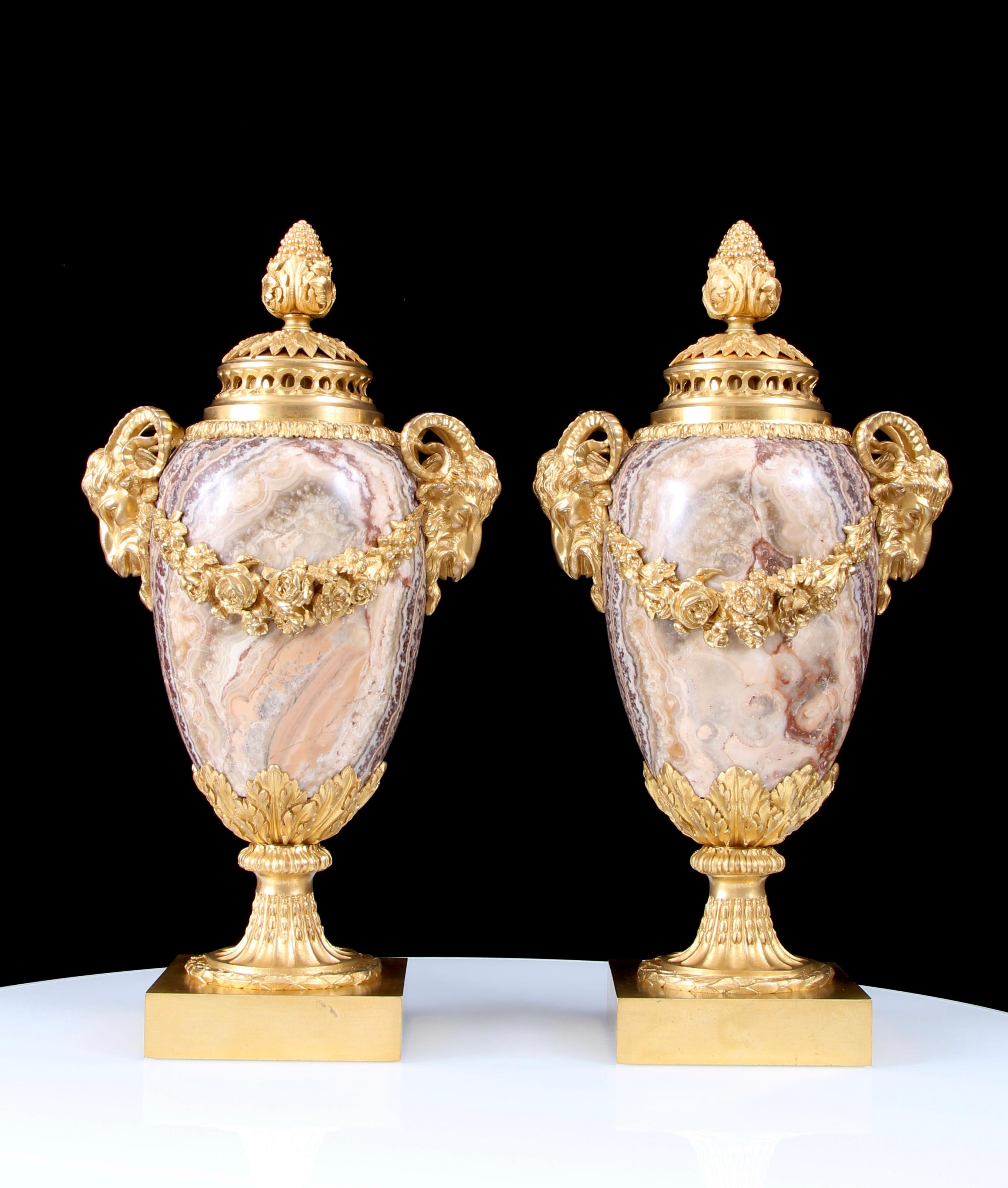 Neoclassical Pair Early 19th Century Gilt Bronze Mounted Alabastro Fiorito Lidded Vases For Sale