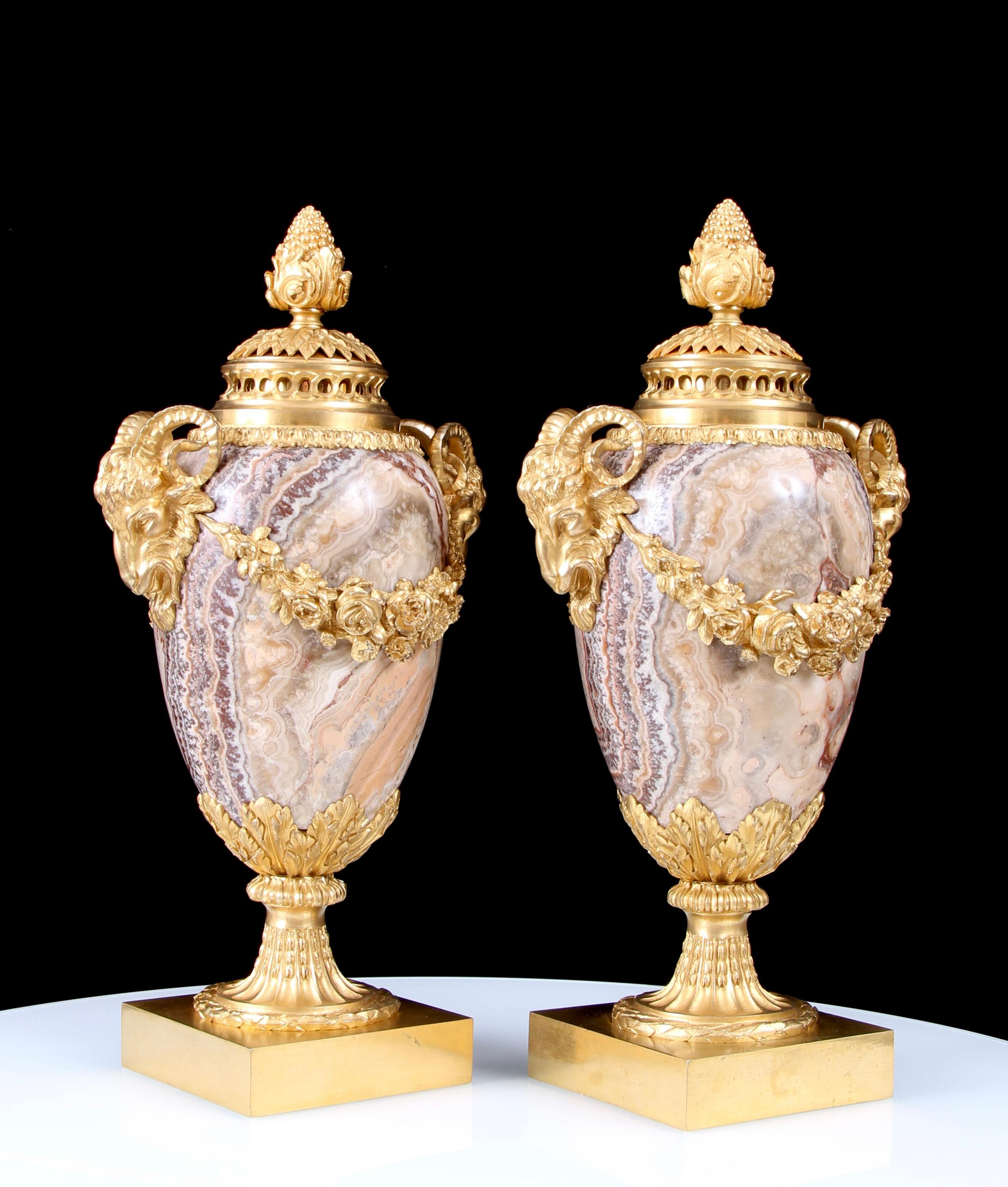 Rare Pair Early 19th Century Gilt Bronze Mounted Alabastro Fiorito Lidded Vases. These fabulous masterpieces are designed and made in the most exquisite form, the superbly cast & chased mounts maintain their original rich gilding and grace the most