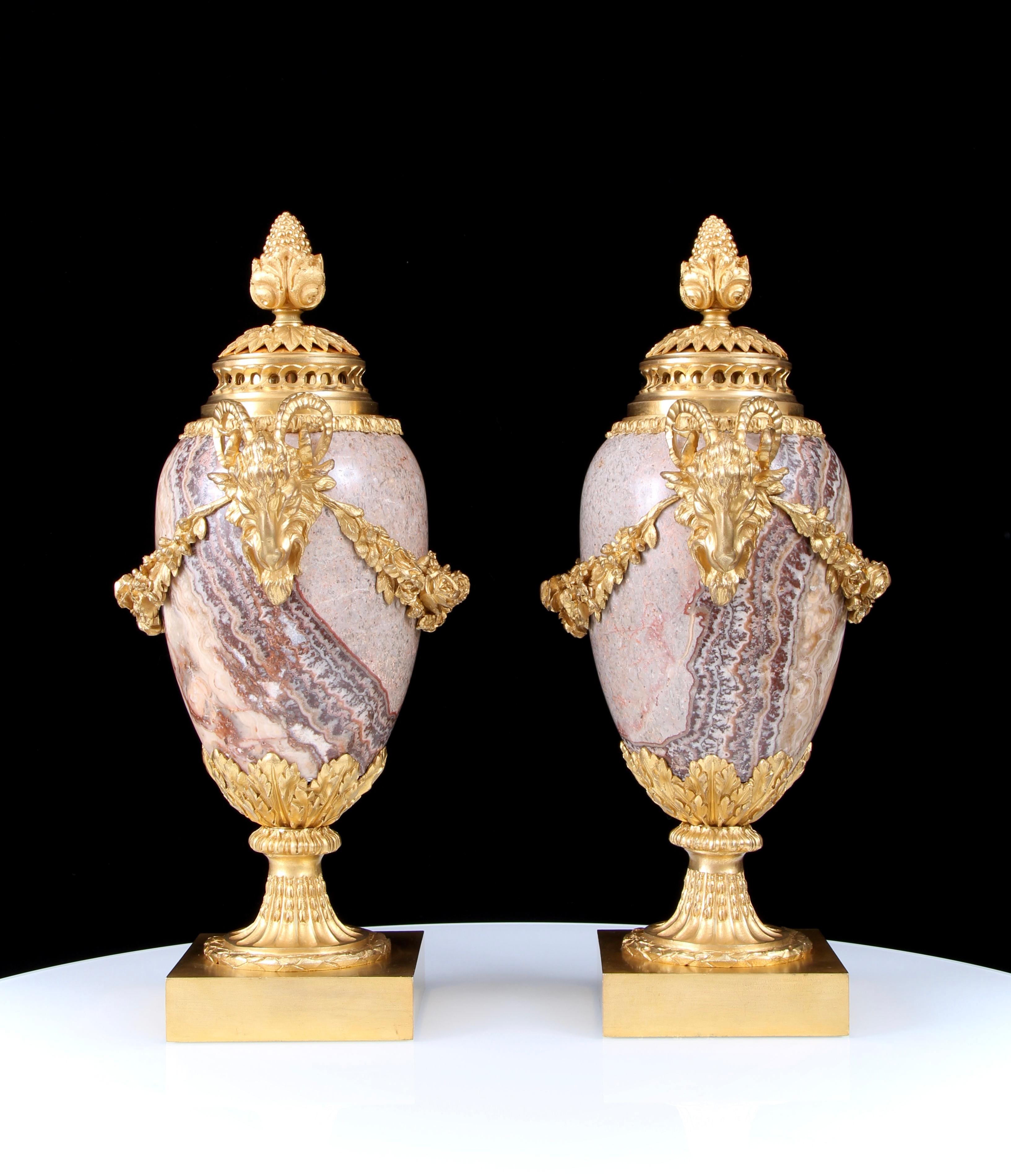French Pair Early 19th Century Gilt Bronze Mounted Alabastro Fiorito Lidded Vases For Sale